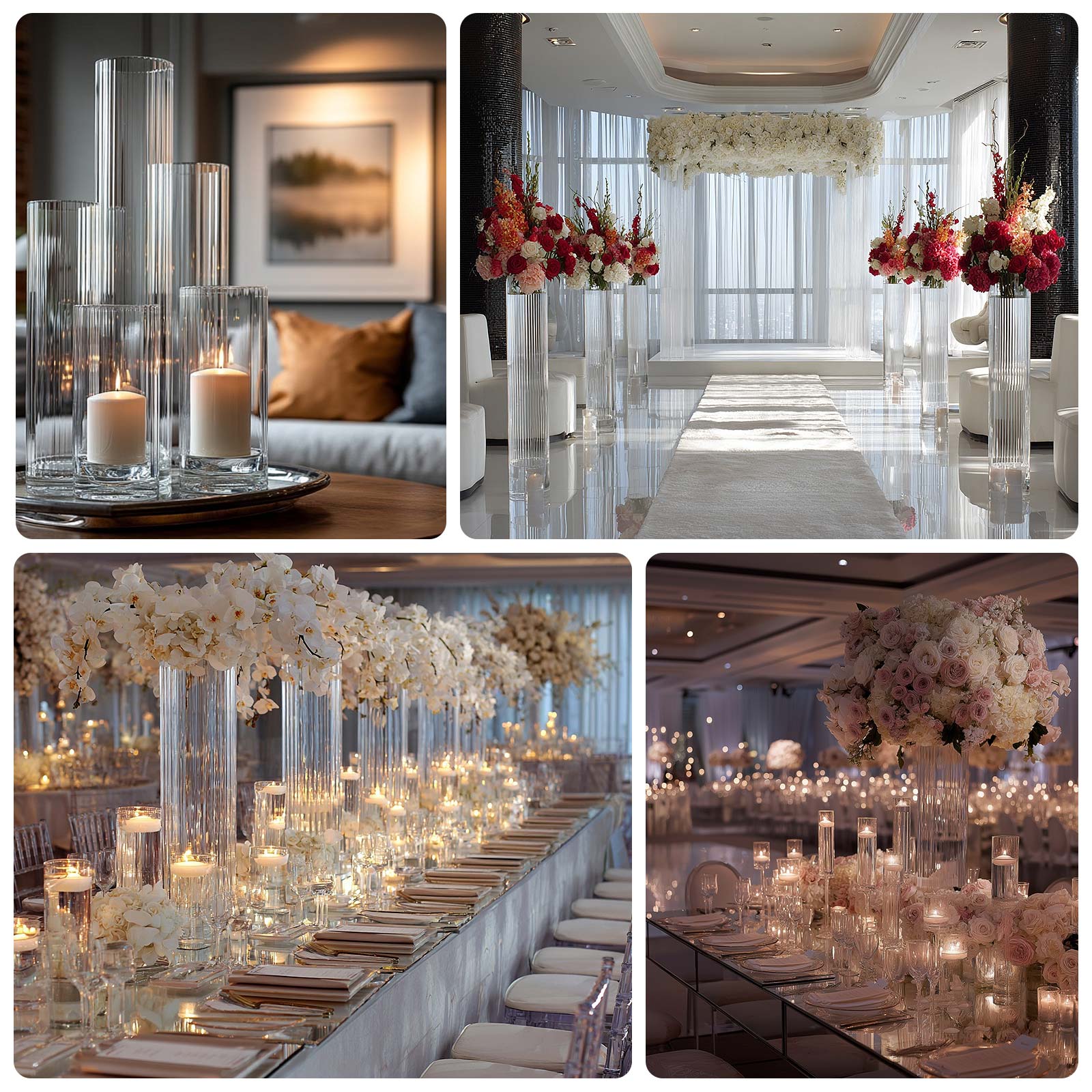 20" Ribbed Cylinder Glass Vases 6 - Pack â€“ Tall Clear Vases for Pampas Grass, Fresh Flowers & Elegant Event Decor - Bell Racket Store