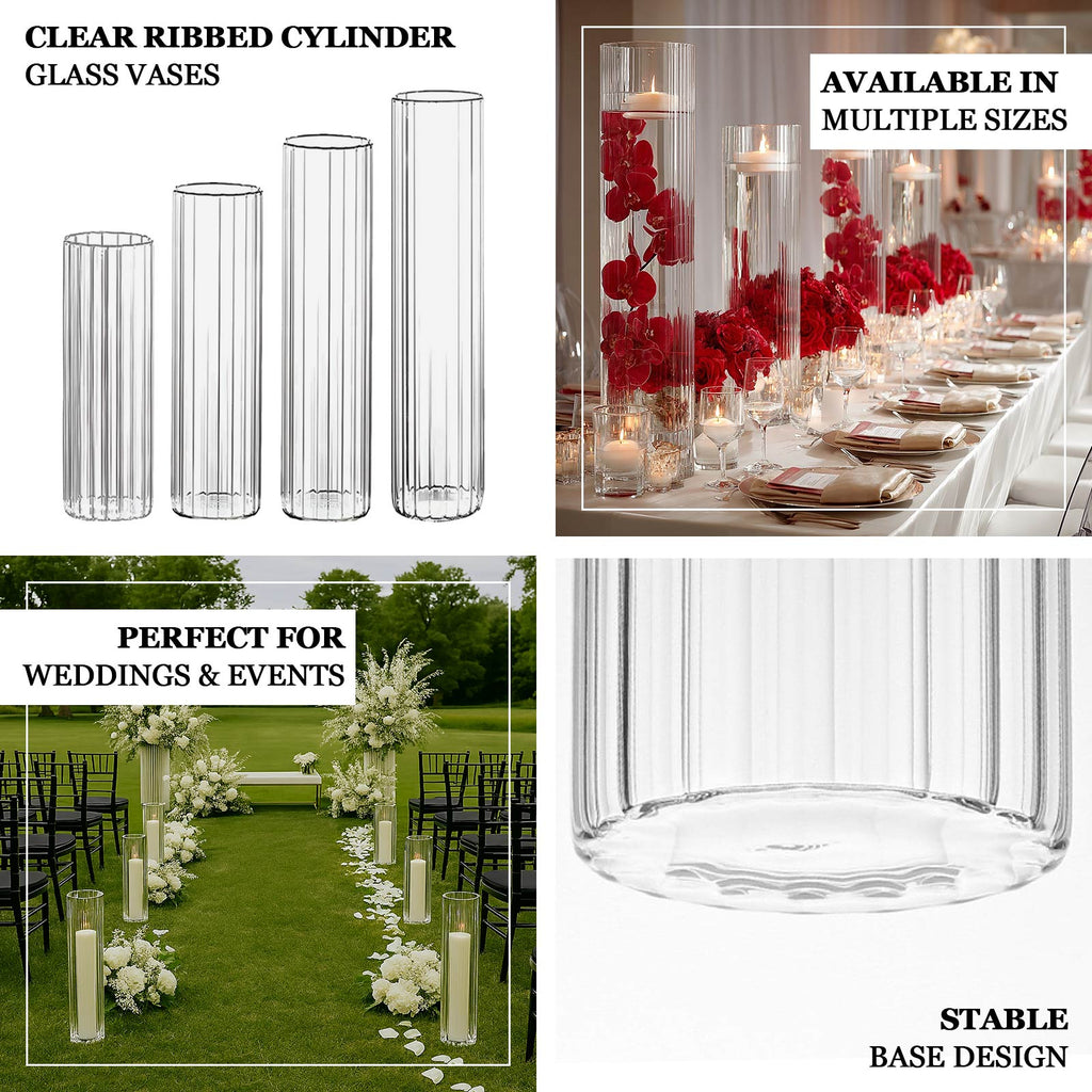 20" Ribbed Cylinder Glass Vases 6 - Pack â€“ Tall Clear Vases for Pampas Grass, Fresh Flowers & Elegant Event Decor - Bell Racket Store