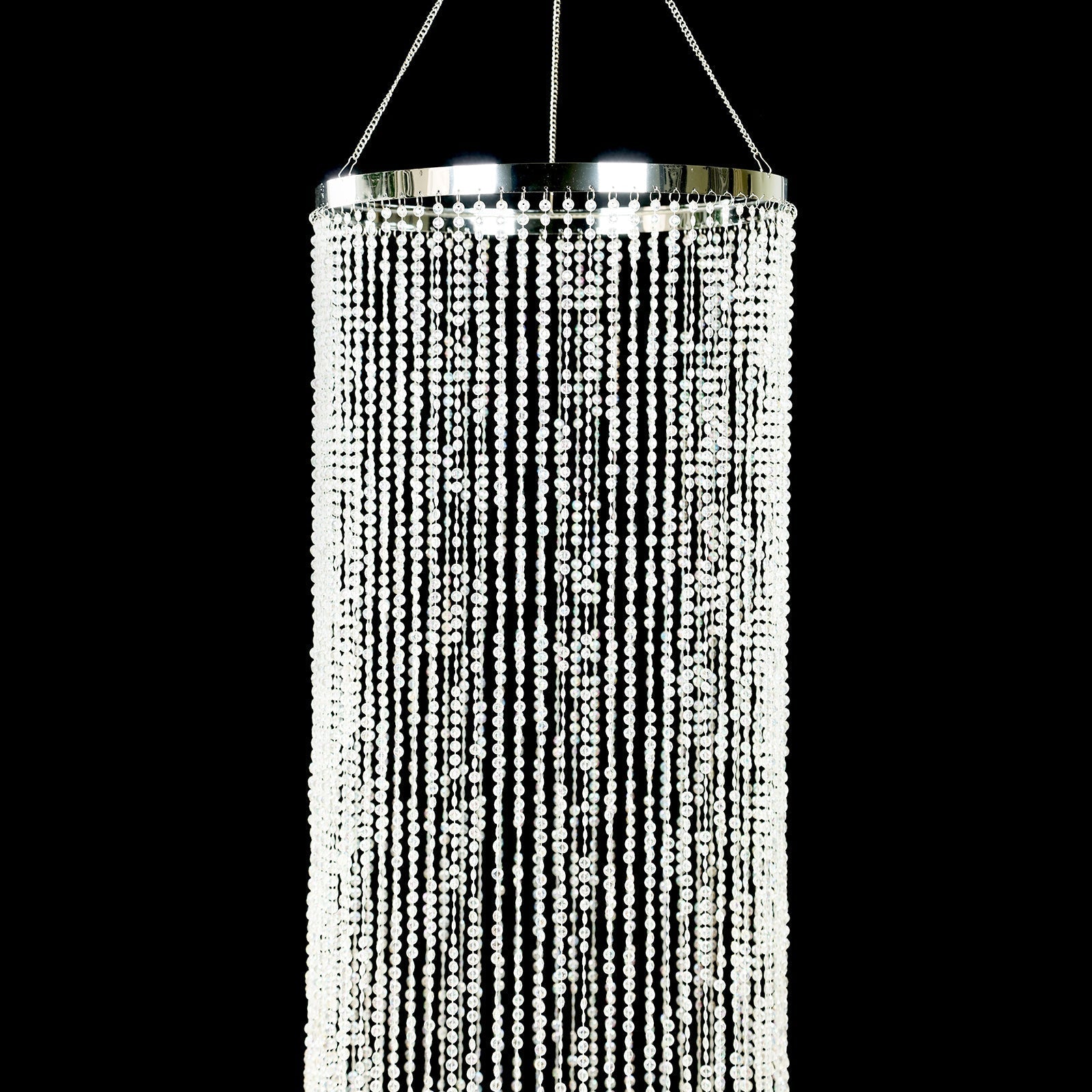 20ft Hanging Beaded Crystal Column Chandelier, Tall Beads Curtain Round with Silver Metal Hoop and Hanging Chain - Bell Racket Store