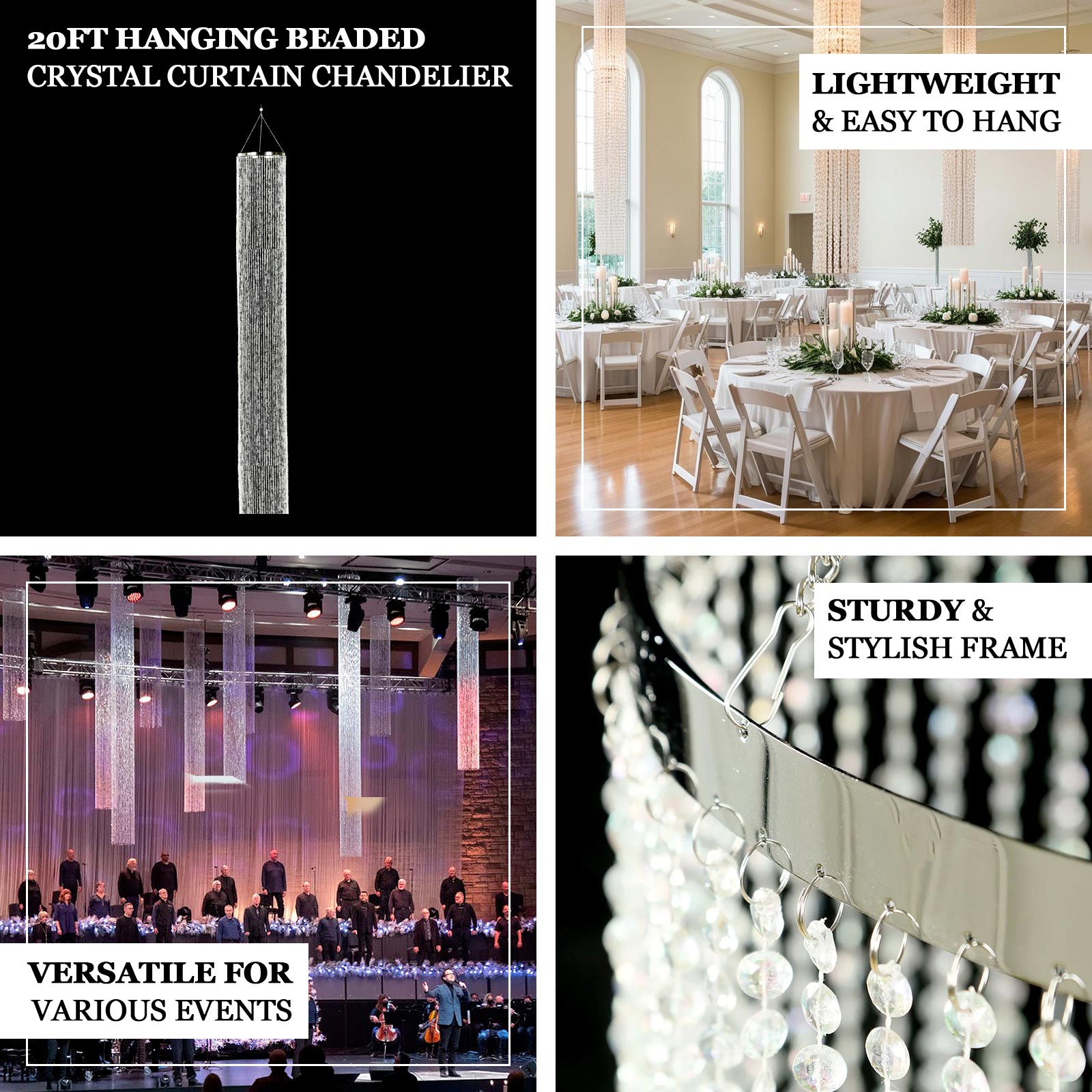 20ft Hanging Beaded Crystal Column Chandelier, Tall Beads Curtain Round with Silver Metal Hoop and Hanging Chain - Bell Racket Store