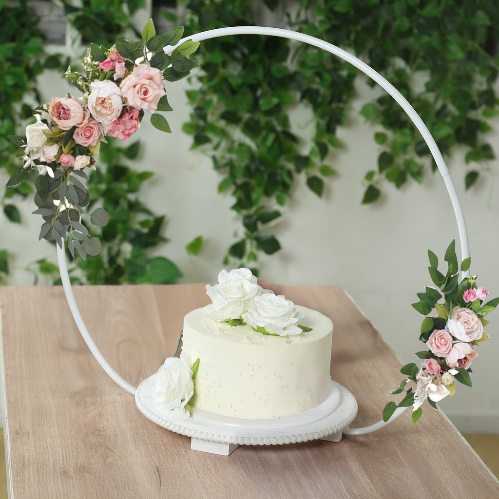 22" Metal Round Floral Hoop Cake Stand Whitewash - Dessert Display DIY Centerpiece Table Decoration with Beaded Wooden Base - Bell Racket Store