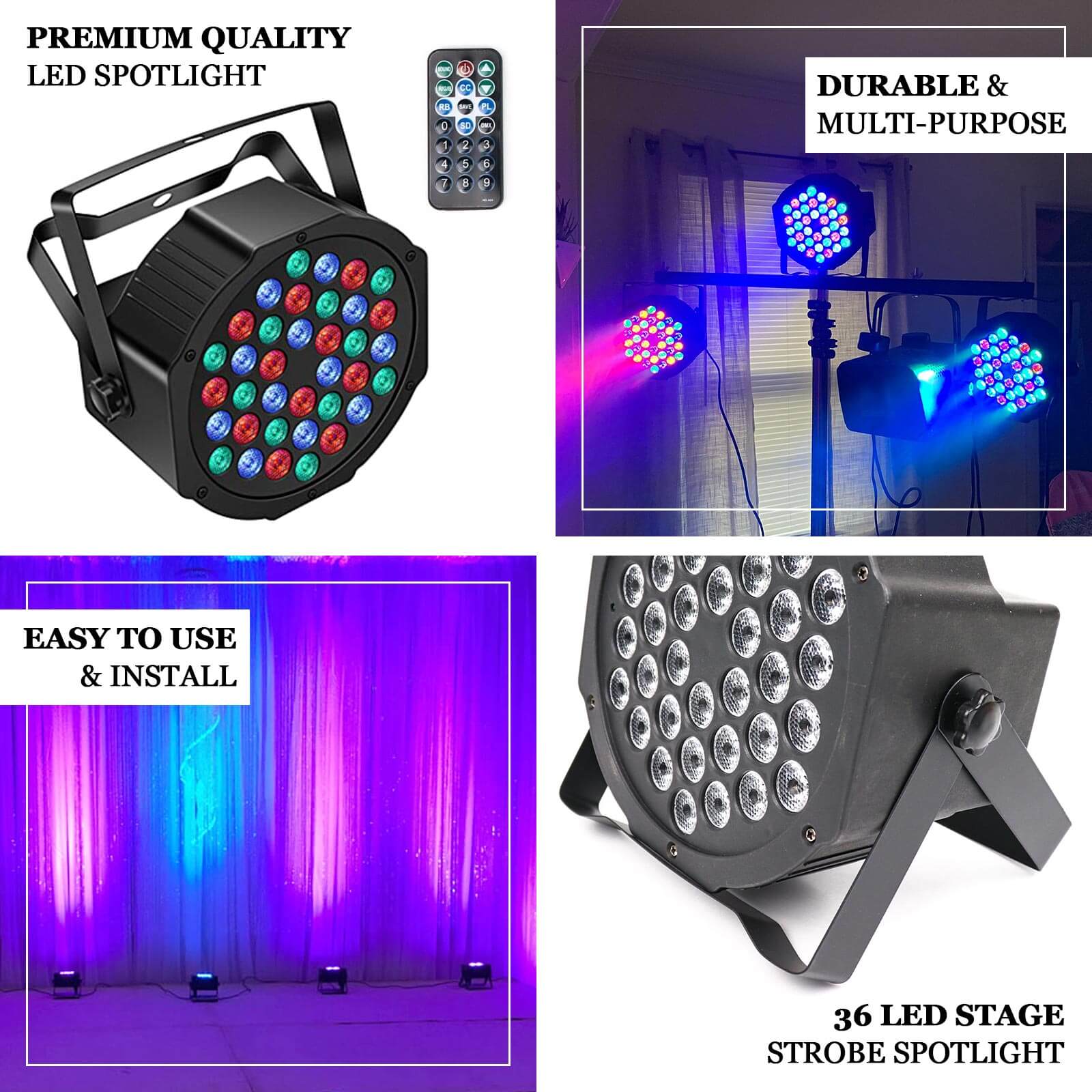 220V Auto Play Party Spotlight W Remote, 36 LED DJ Stage Uplight, RGB Multi - Color Sound Activated Strobe Par Light - Bell Racket Store
