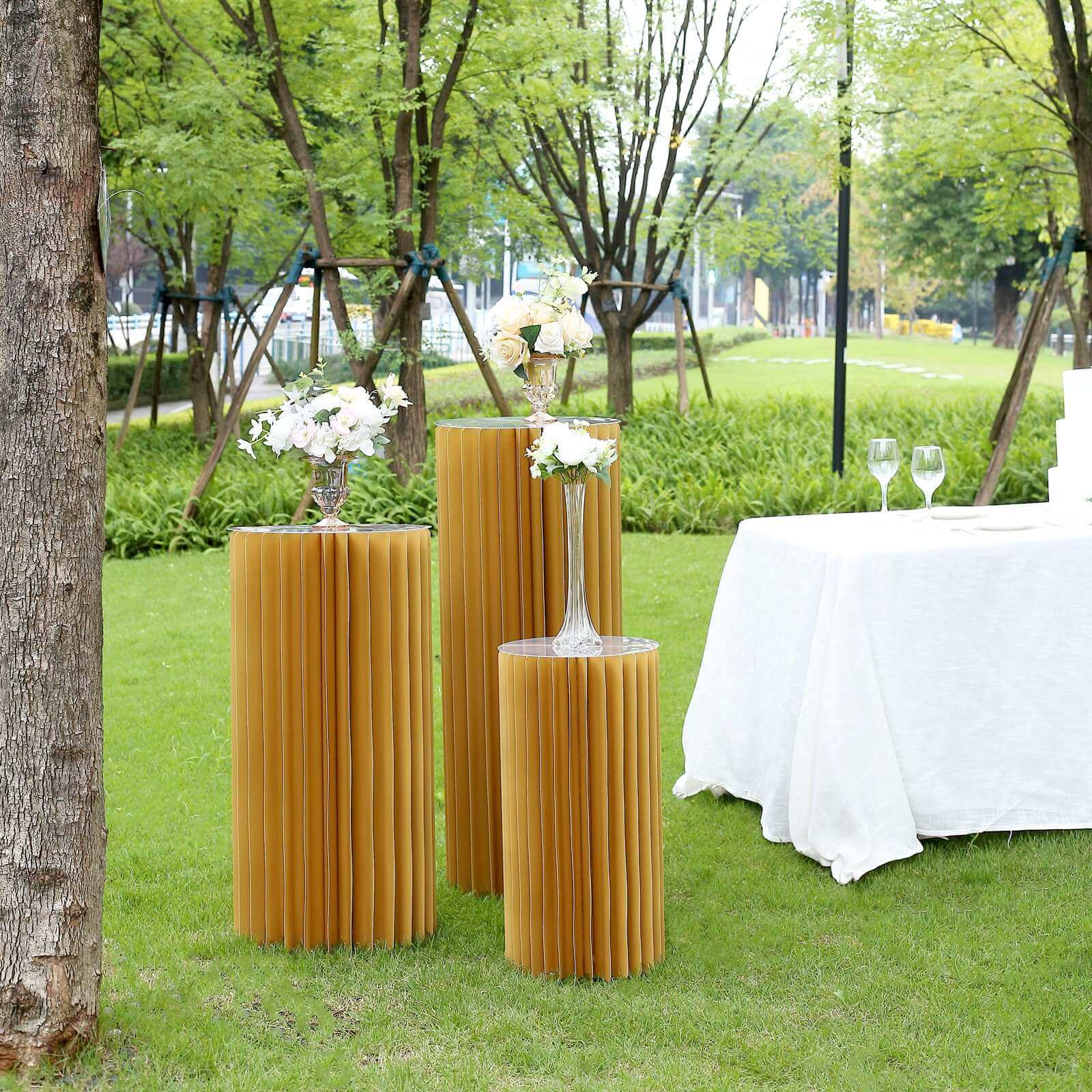 24" Gold Cylinder Display Column Stand, Pillar Pedestal Stand With Top Plate - Bell Racket Store