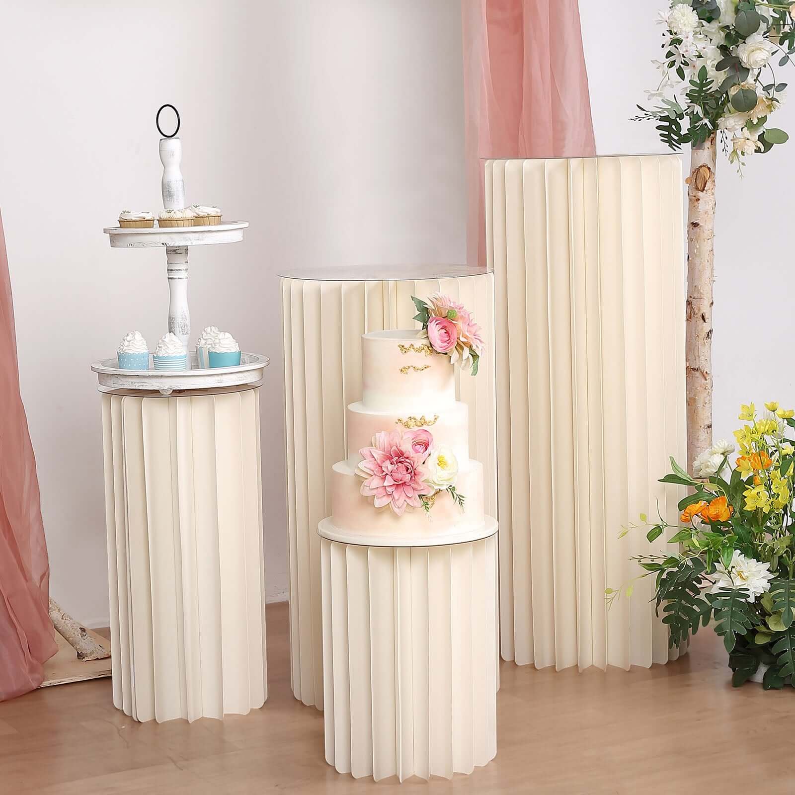 24" Ivory Cylinder Display Column Stand, Pillar Pedestal Stand With Top Plate - Bell Racket Store