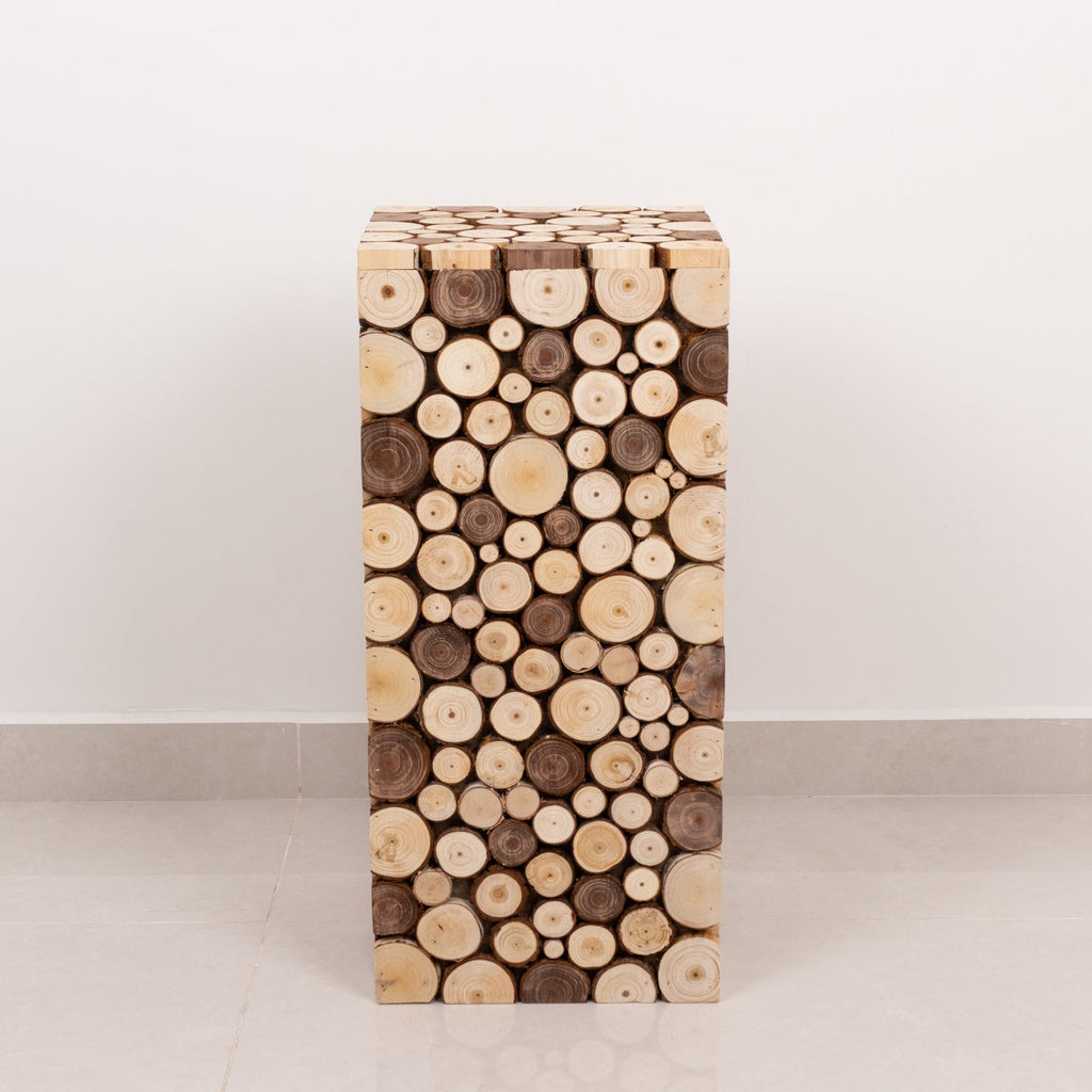 24" Natural Wooden Slices Pillar Prop Pedestal Stand, Rustic Farmhouse Wood Riser Rectangular Plant Stand - Bell Racket Store