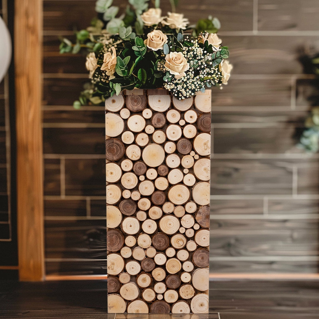 24" Natural Wooden Slices Pillar Prop Pedestal Stand, Rustic Farmhouse Wood Riser Rectangular Plant Stand - Bell Racket Store