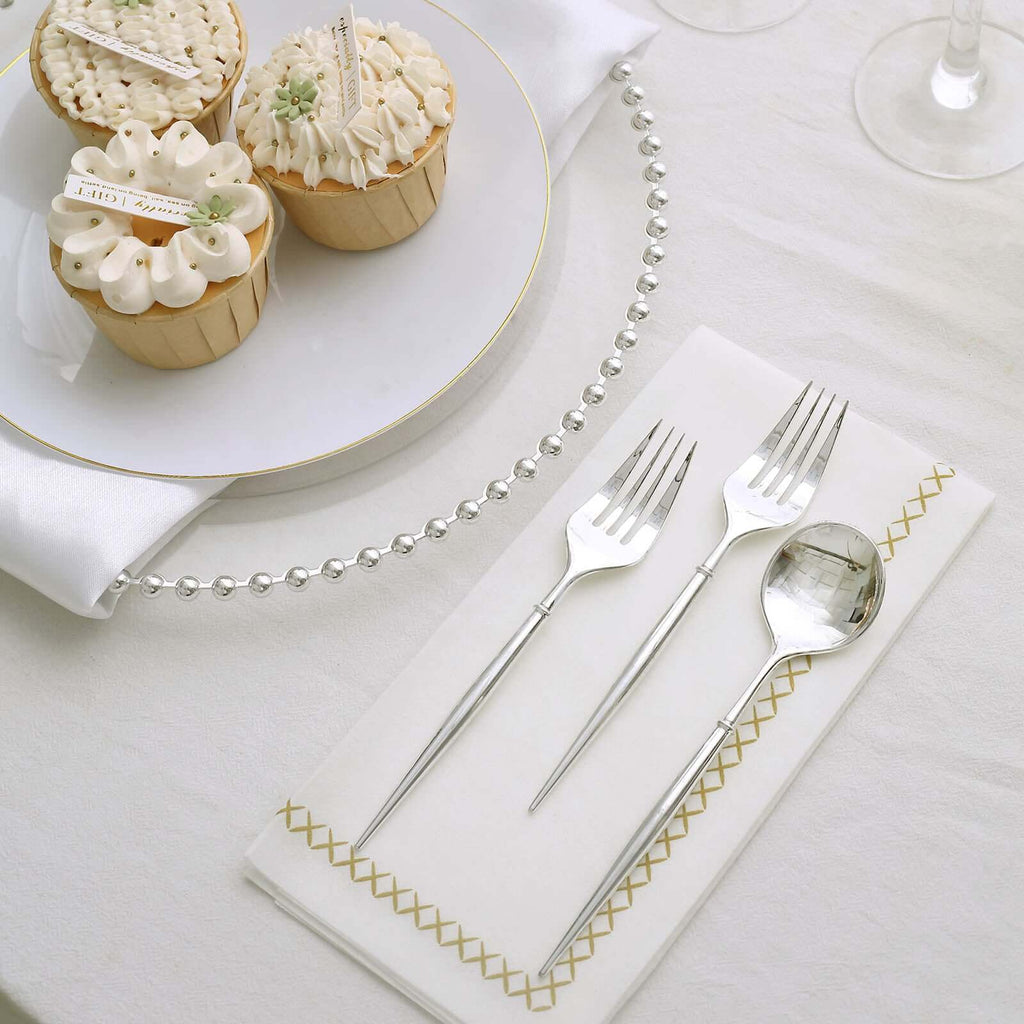 24-Pack Plastic Fork and Spoon Set Metallic Silver - Heavy Duty Disposable Modern Utensils 6"