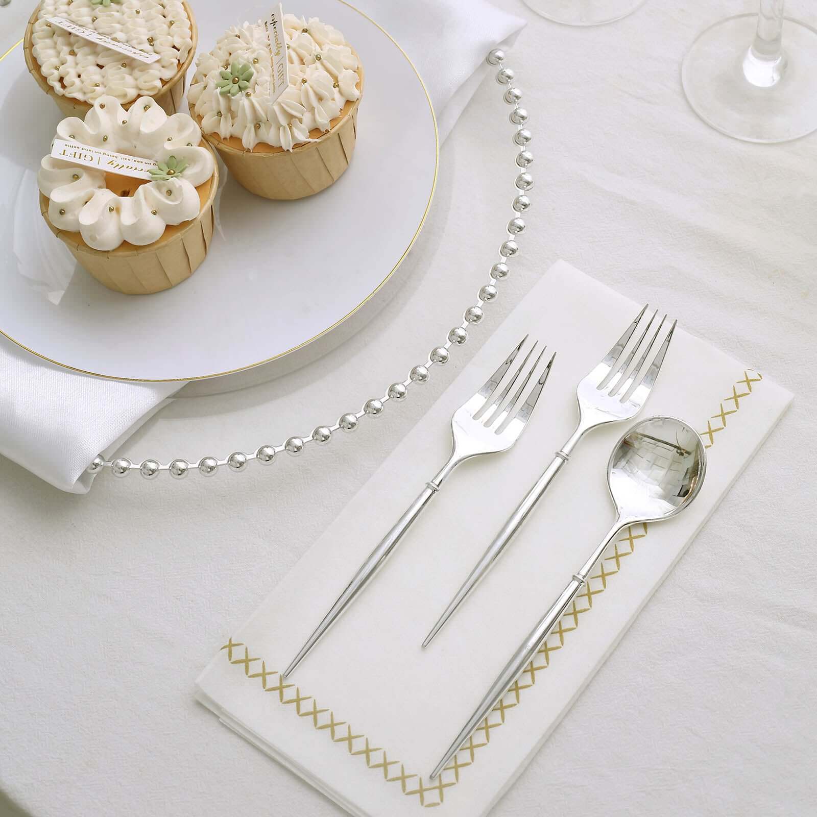 24-Pack Plastic Fork and Spoon Set Metallic Silver - Heavy Duty Disposable Modern Utensils 6"