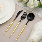 24-Pack Plastic Flatware Set in Black with Gold Handle - Heavy Duty Disposable Modern Silverware 8"