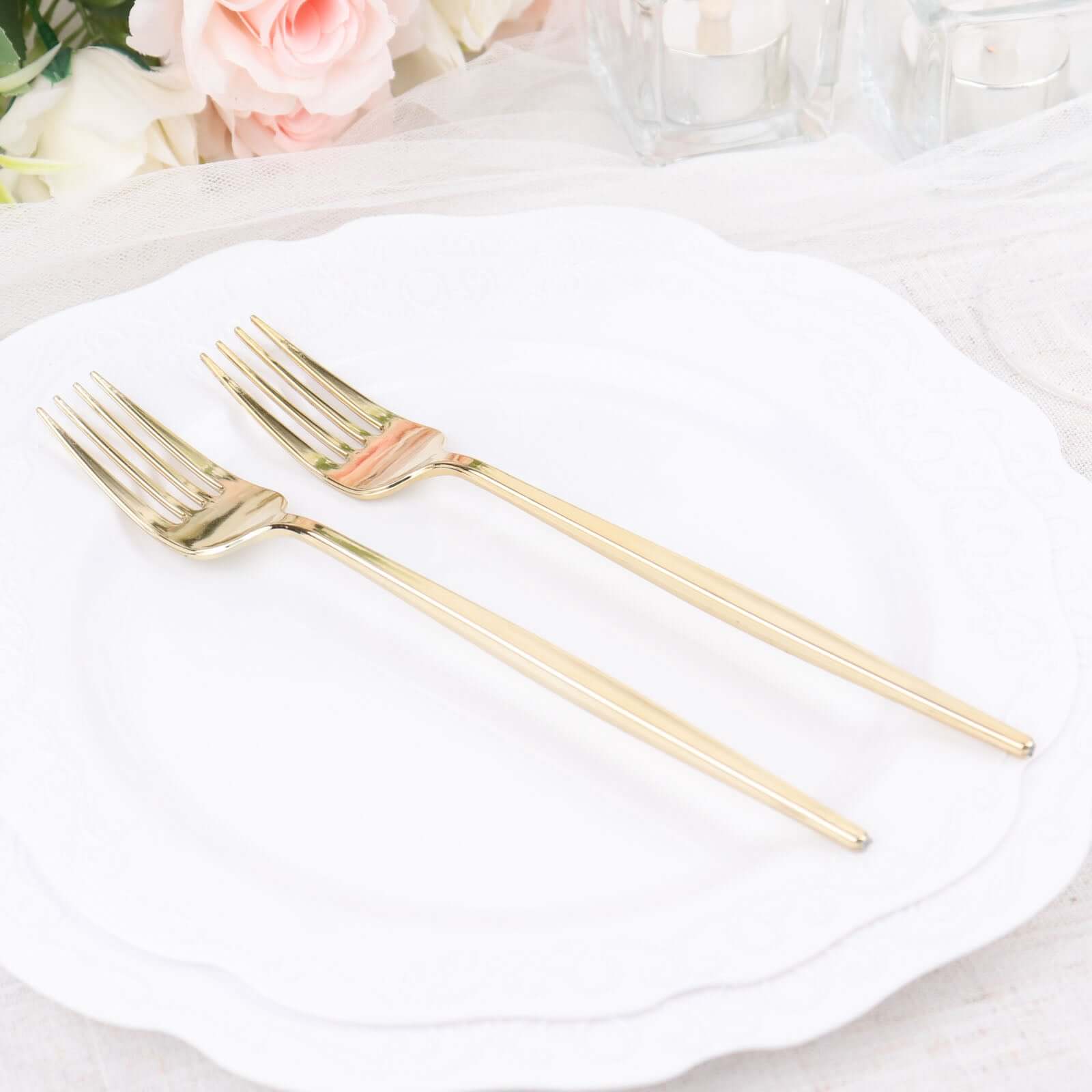 24 Pack 8" Glossy Gold Heavy Duty Plastic Silverware Forks Cutlery, Premium Disposable Sleek Flatware - Bell Racket Store
