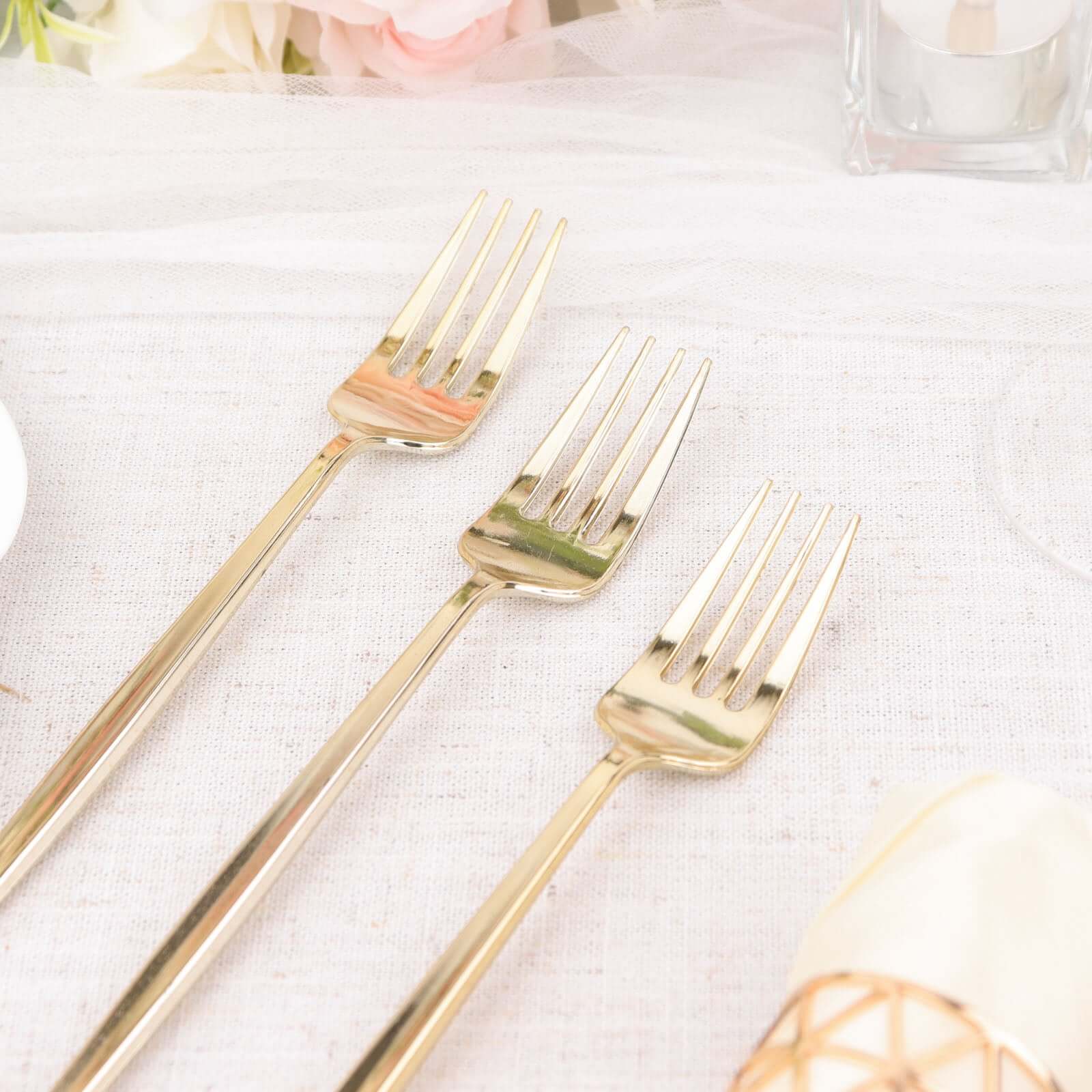 24 Pack 8" Glossy Gold Heavy Duty Plastic Silverware Forks Cutlery, Premium Disposable Sleek Flatware - Bell Racket Store