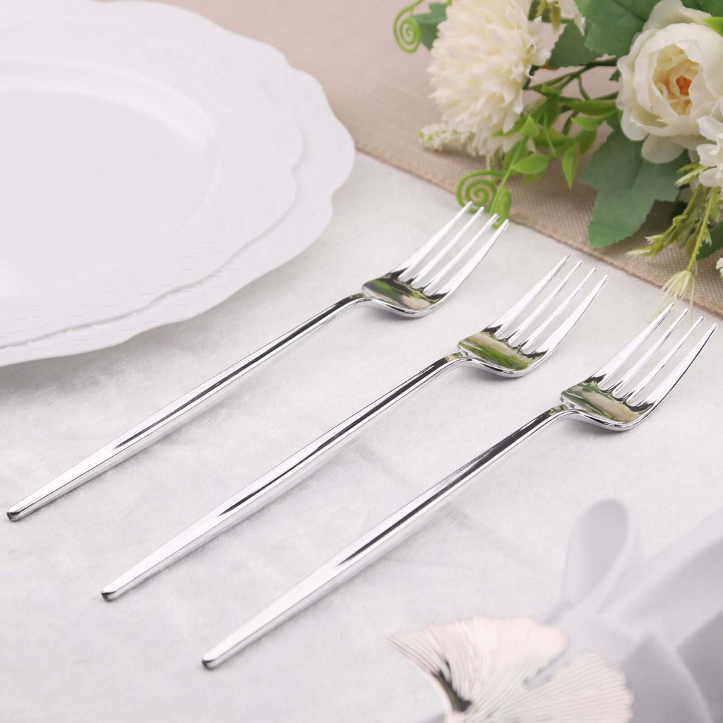 24 Pack 8" Glossy Silver Heavy Duty Plastic Silverware Forks, Shiny Cutlery, Premium Disposable Flatware - Bell Racket Store