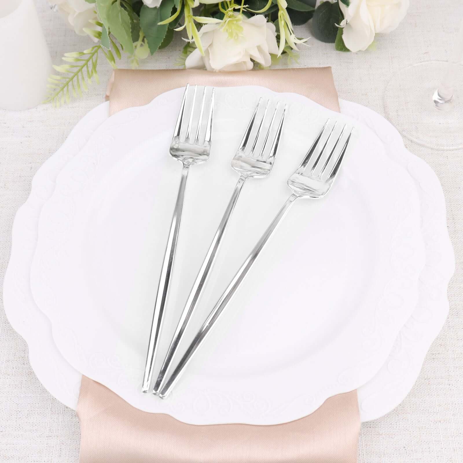 24 Pack 8" Glossy Silver Heavy Duty Plastic Silverware Forks, Shiny Cutlery, Premium Disposable Flatware - Bell Racket Store