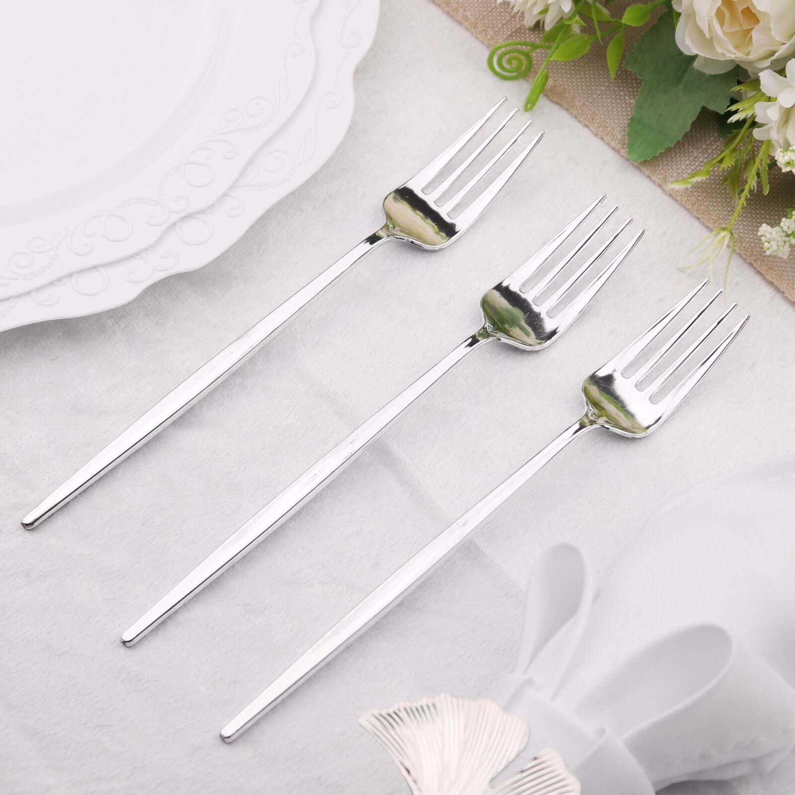 24 Pack 8" Glossy Silver Heavy Duty Plastic Silverware Forks, Shiny Cutlery, Premium Disposable Flatware - Bell Racket Store