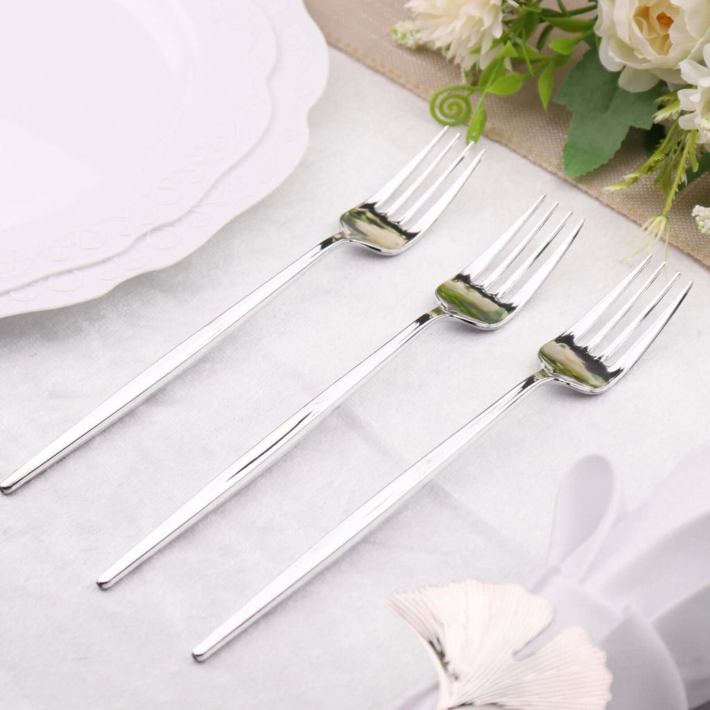 24 Pack 8" Glossy Silver Heavy Duty Plastic Silverware Forks, Shiny Cutlery, Premium Disposable Flatware - Bell Racket Store