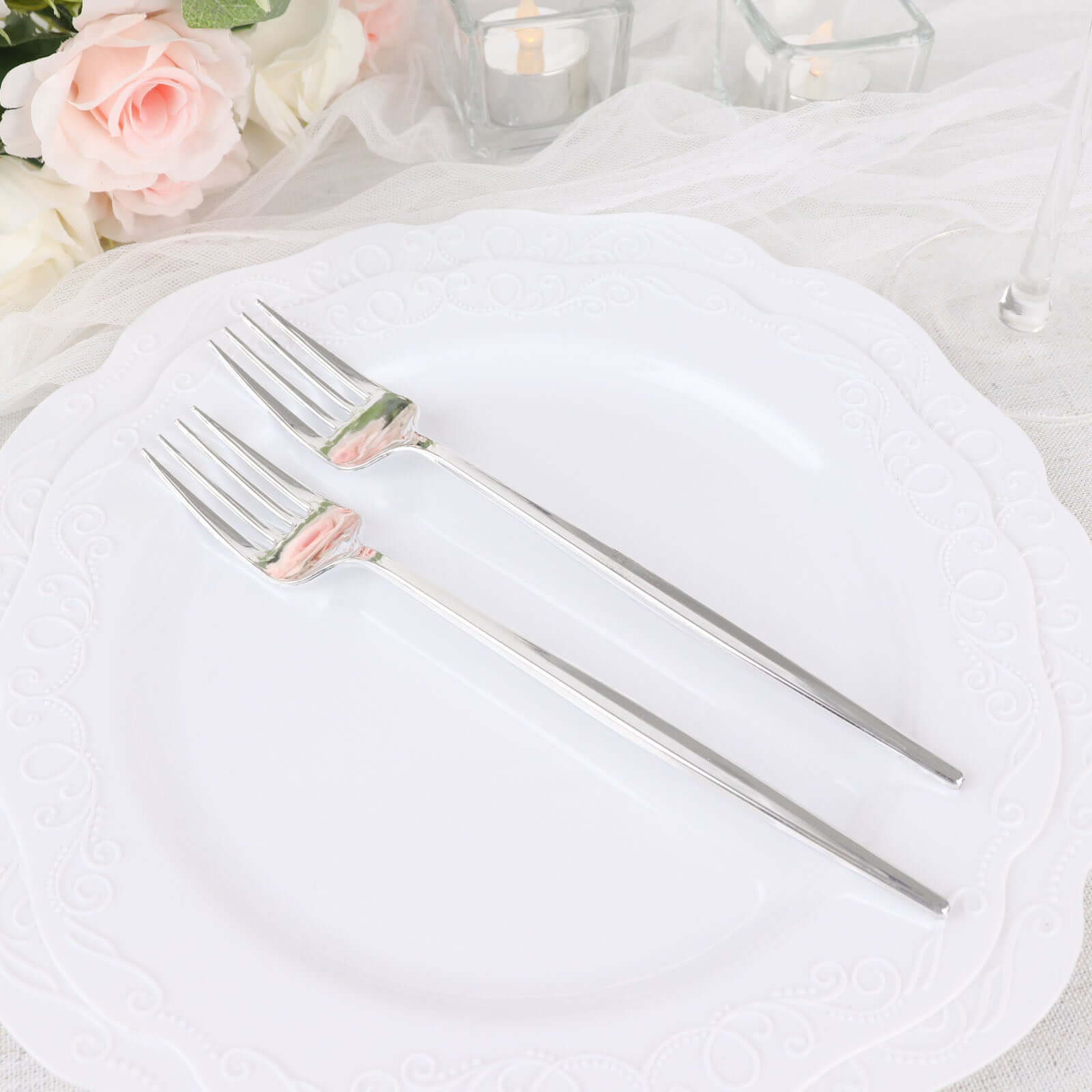 24 Pack 8" Glossy Silver Heavy Duty Plastic Silverware Forks, Shiny Cutlery, Premium Disposable Flatware - Bell Racket Store