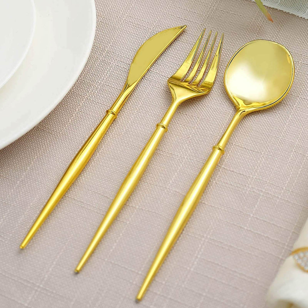 24-Pack Plastic Flatware Set in Gold - Heavy Duty Disposable Modern Silverware 8"