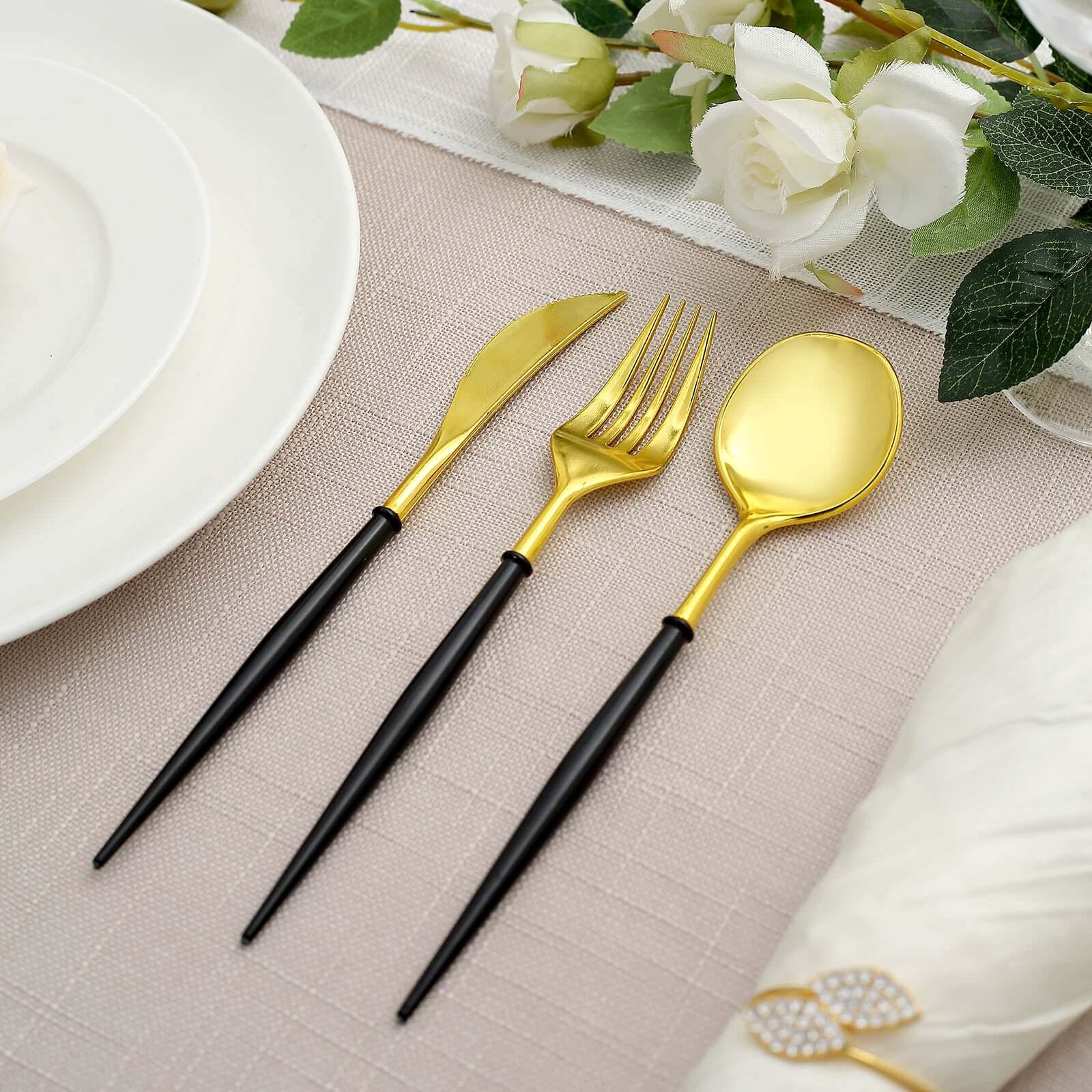24-Pack Plastic Flatware Set in Metallic Gold with Black Handle - Heavy Duty Disposable Modern Silverware 8"
