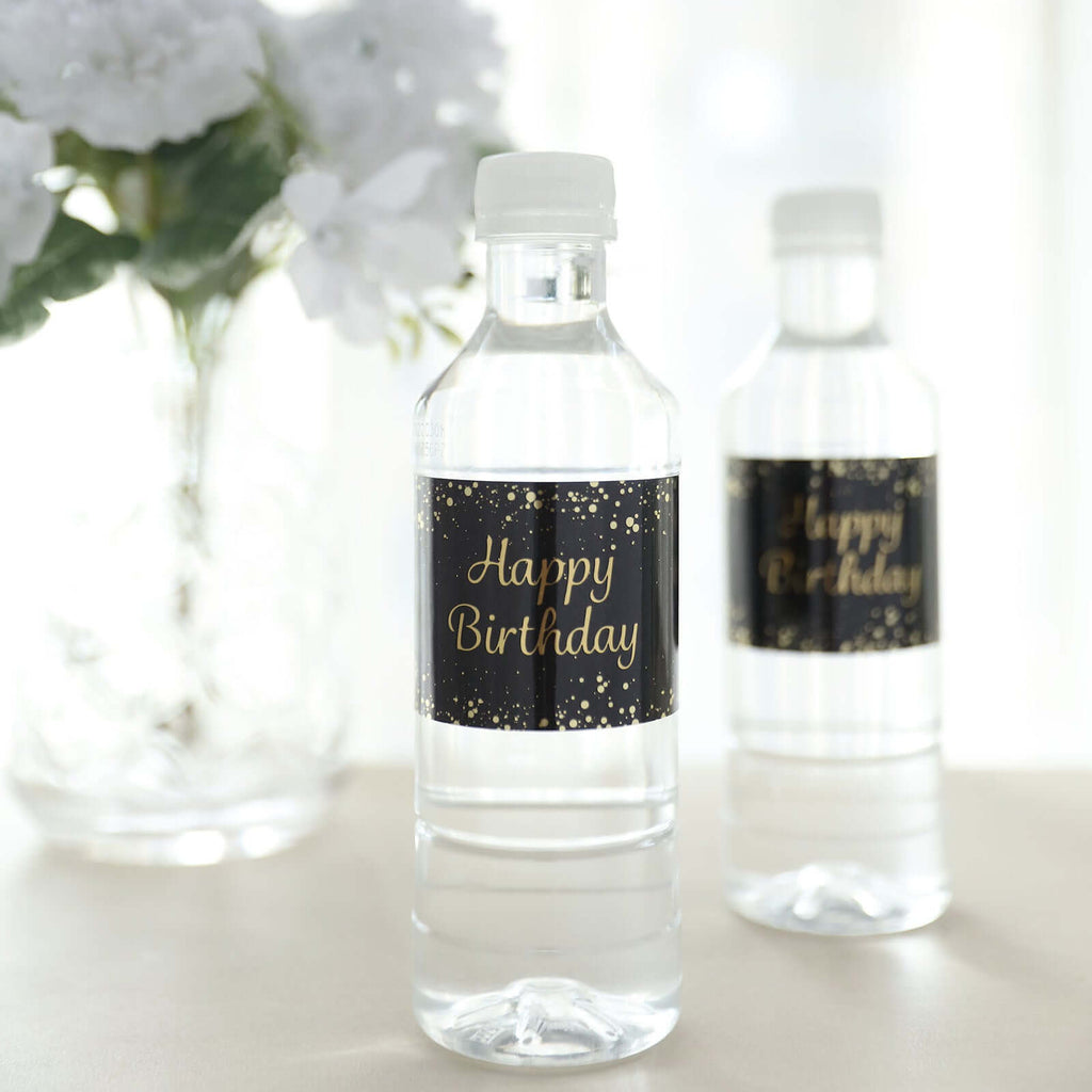 24 Pack Black/Gold Water Bottle Labels with Happy Birthday Print, Waterproof Bottle Stickers - Bell Racket Store