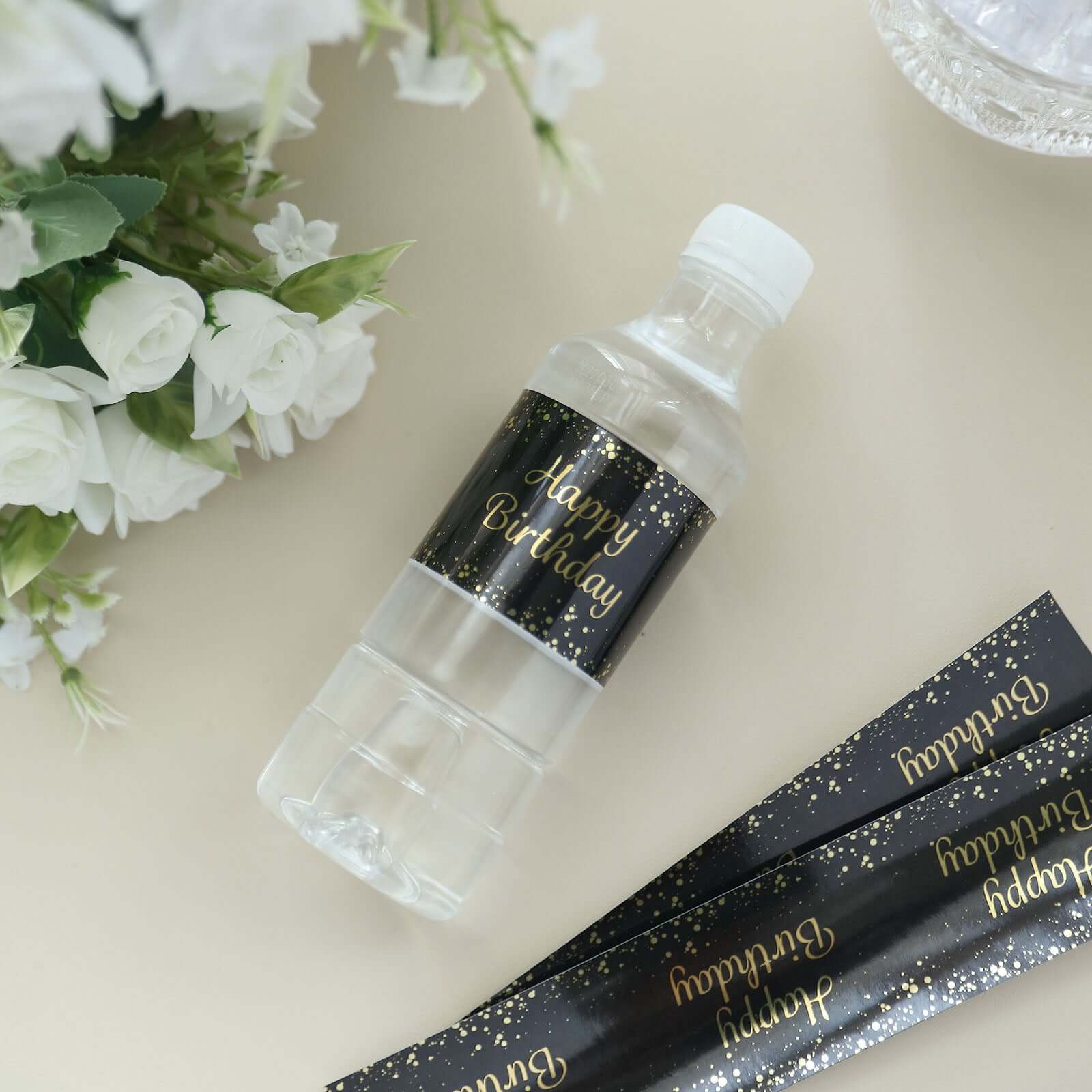 24 Pack Black/Gold Water Bottle Labels with Happy Birthday Print, Waterproof Bottle Stickers - Bell Racket Store