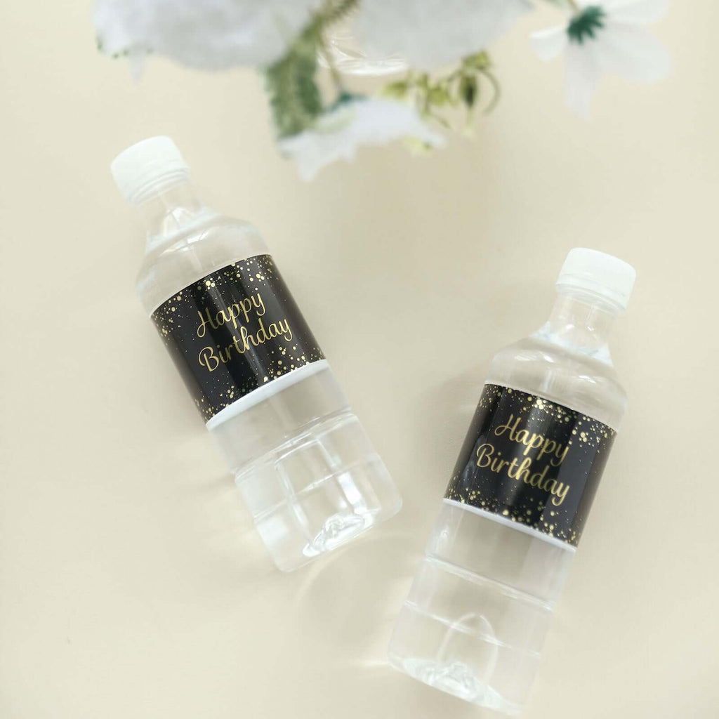 24 Pack Black/Gold Water Bottle Labels with Happy Birthday Print, Waterproof Bottle Stickers - Bell Racket Store