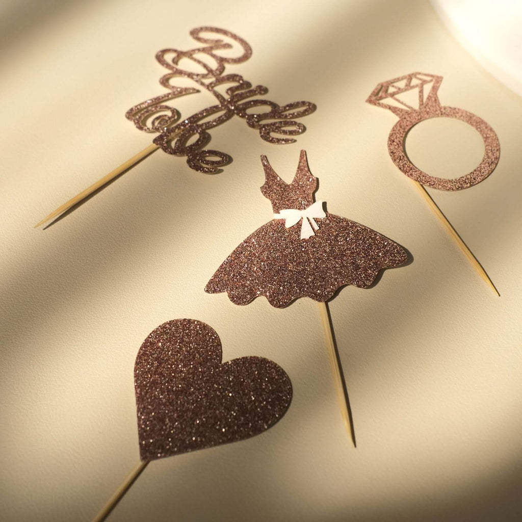 24 - Pack Cupcake Topper Picks Bridal Shower Design Rose Gold Glitter - Wedding Cake Decoration Supplies Assorted Styles - Bell Racket Store