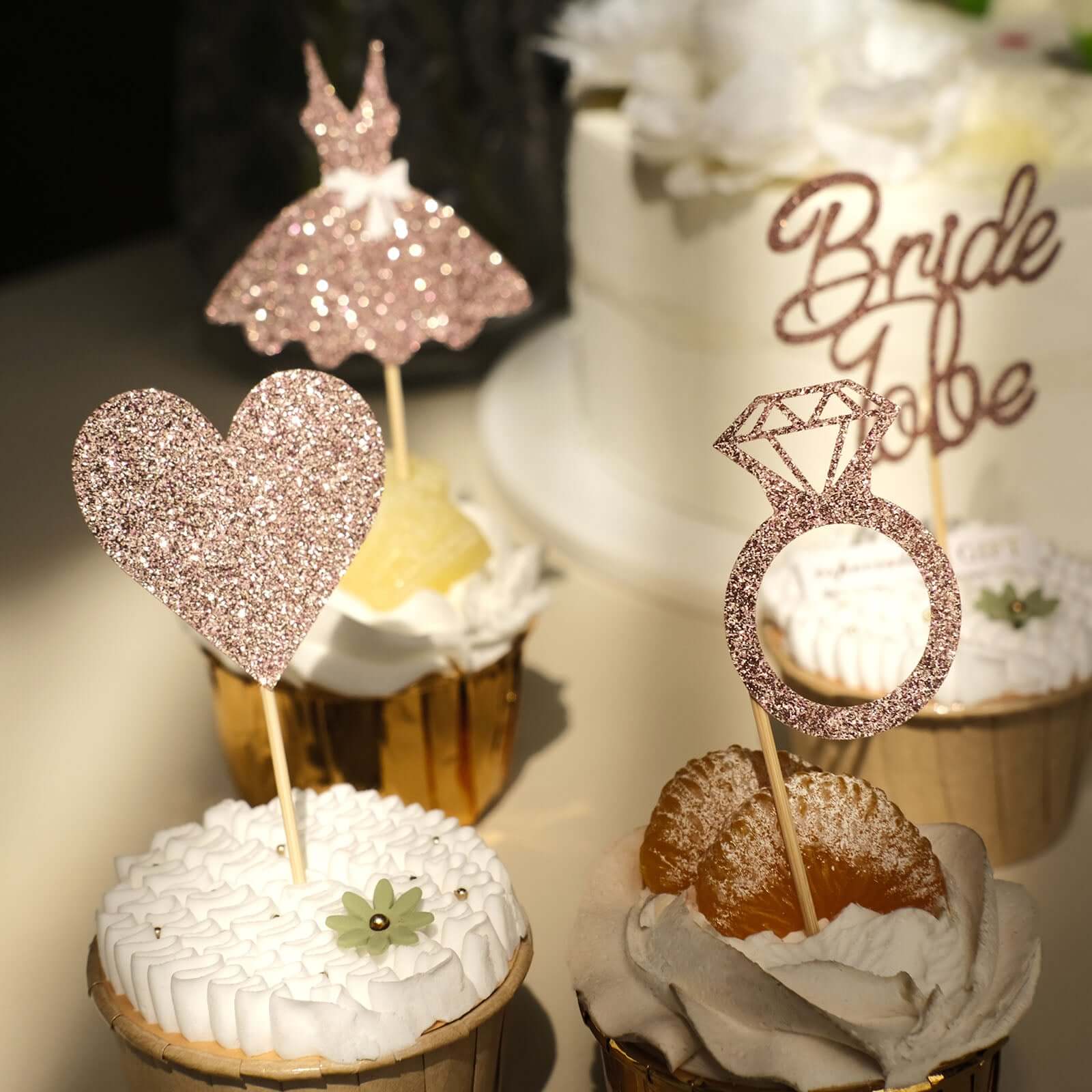 24 - Pack Cupcake Topper Picks Bridal Shower Design Rose Gold Glitter - Wedding Cake Decoration Supplies Assorted Styles - Bell Racket Store