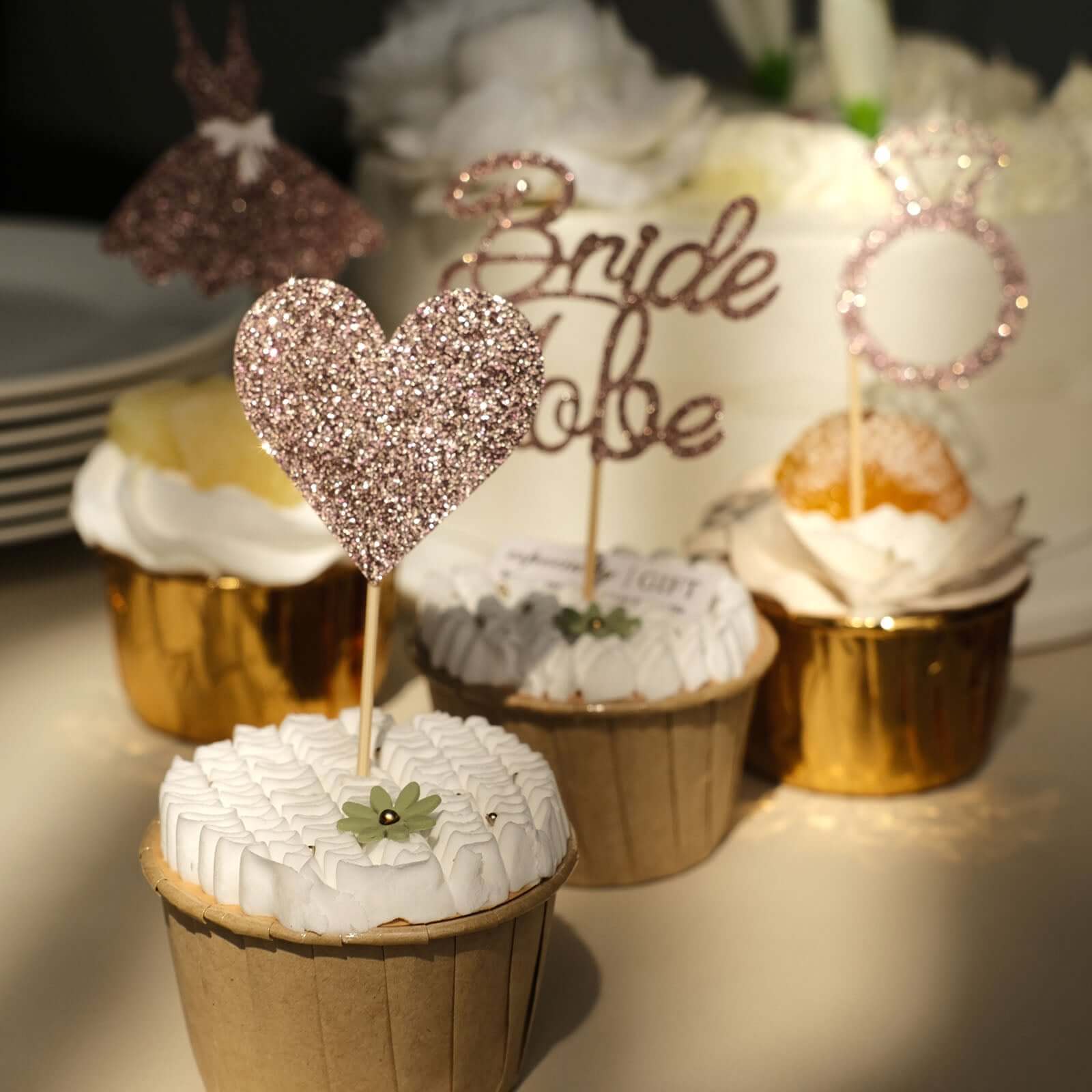 24 - Pack Cupcake Topper Picks Bridal Shower Design Rose Gold Glitter - Wedding Cake Decoration Supplies Assorted Styles - Bell Racket Store