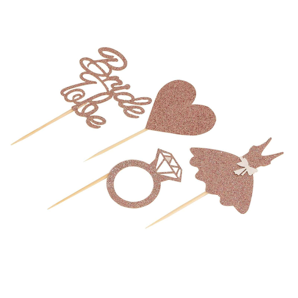 24 - Pack Cupcake Topper Picks Bridal Shower Design Rose Gold Glitter - Wedding Cake Decoration Supplies Assorted Styles - Bell Racket Store