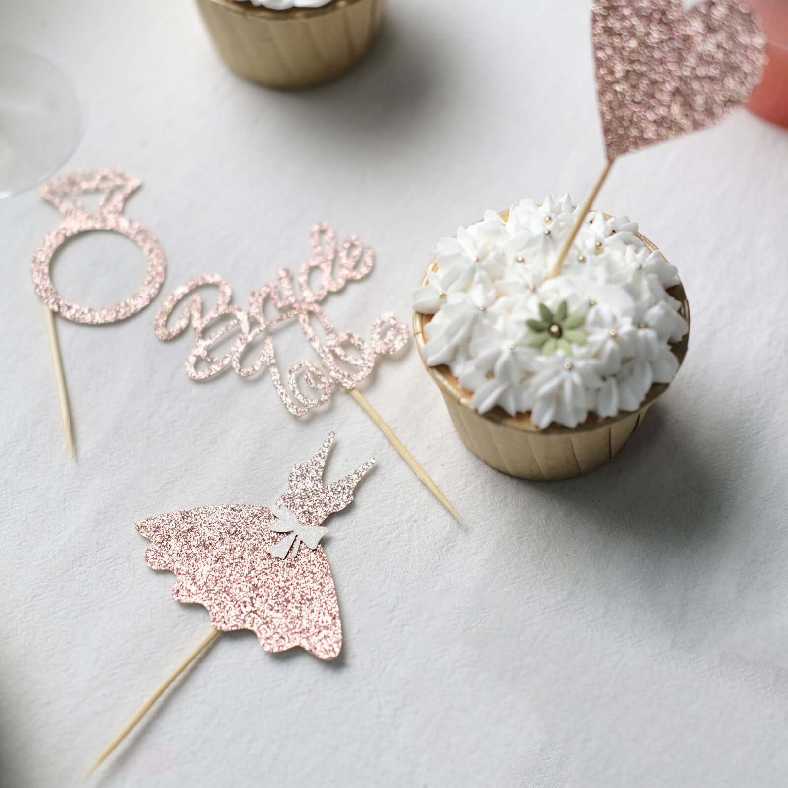 24 - Pack Cupcake Topper Picks Bridal Shower Design Rose Gold Glitter - Wedding Cake Decoration Supplies Assorted Styles - Bell Racket Store
