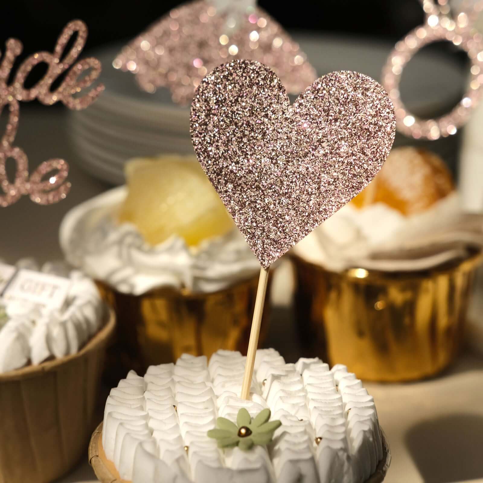 24 - Pack Cupcake Topper Picks Bridal Shower Design Rose Gold Glitter - Wedding Cake Decoration Supplies Assorted Styles - Bell Racket Store