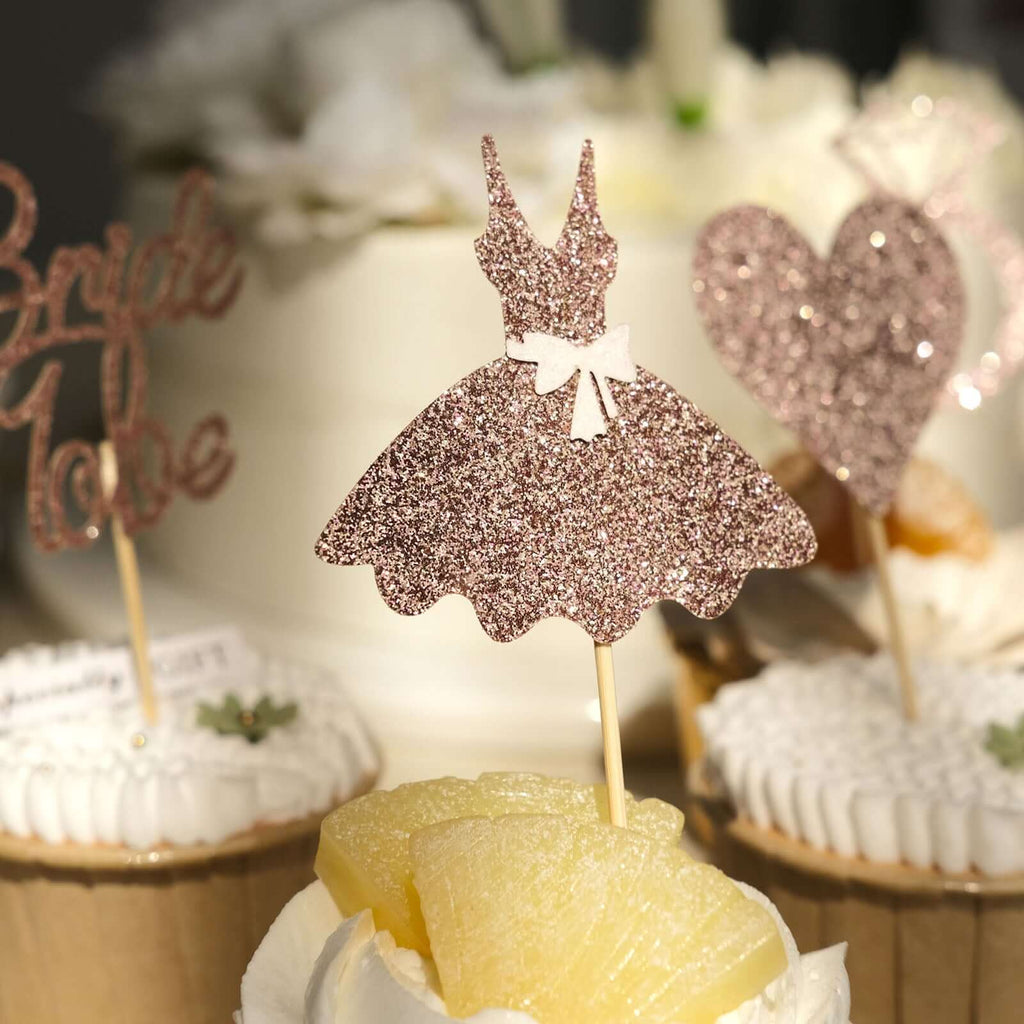 24 - Pack Cupcake Topper Picks Bridal Shower Design Rose Gold Glitter - Wedding Cake Decoration Supplies Assorted Styles - Bell Racket Store