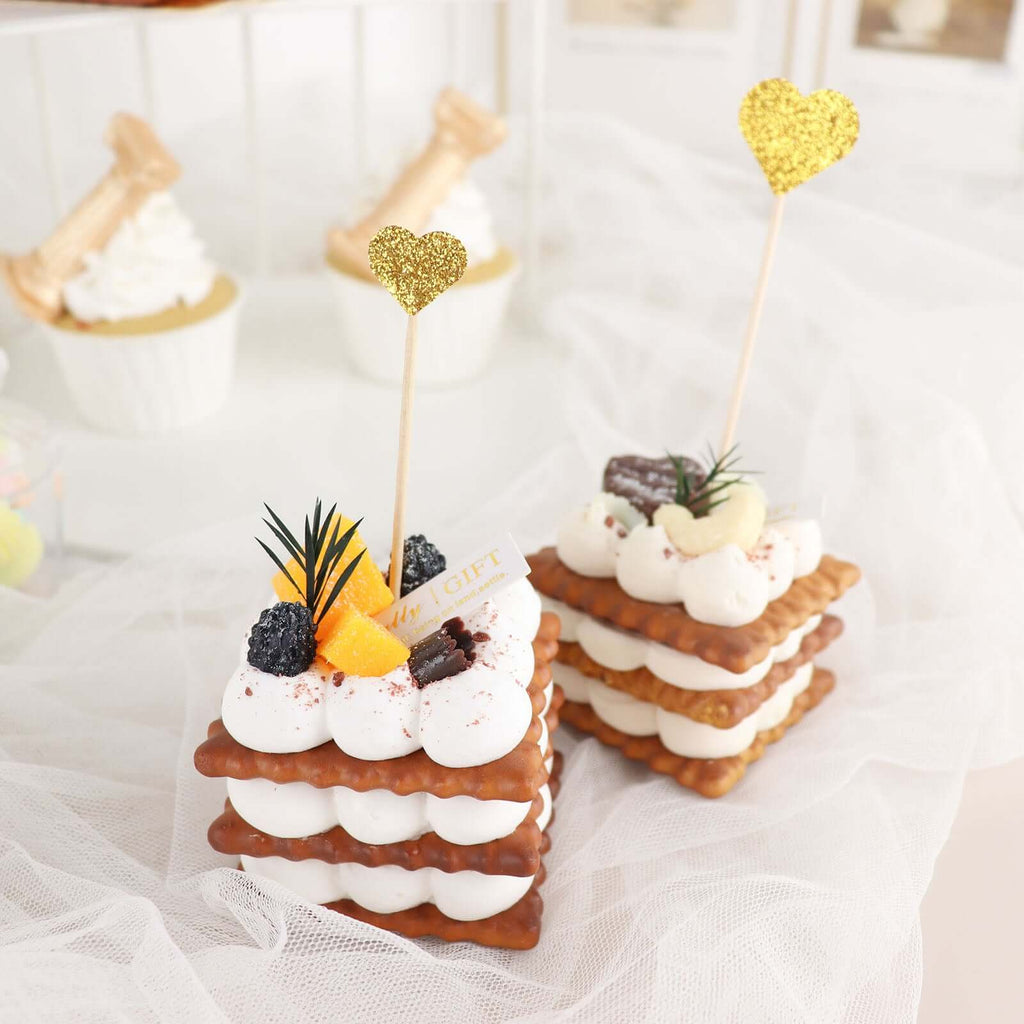 24 - Pack Cupcake Topper Picks Heart Shaped Design Glitter Gold - Party Cake Toppers 4.5", 4" - Bell Racket Store