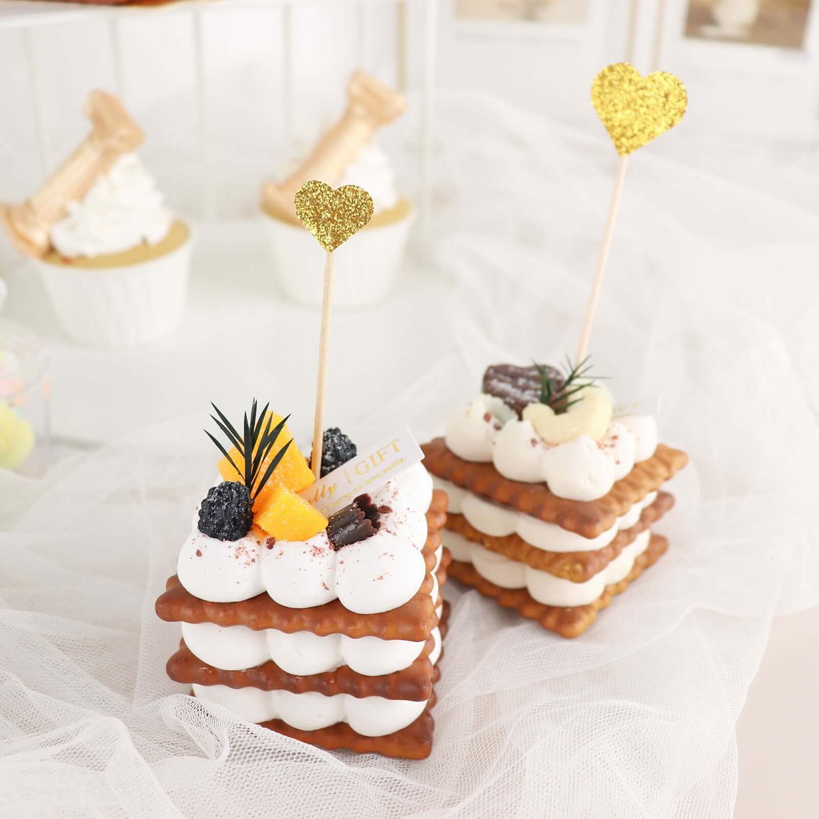 24 - Pack Cupcake Topper Picks Heart Shaped Design Glitter Gold - Party Cake Toppers 4.5", 4" - Bell Racket Store