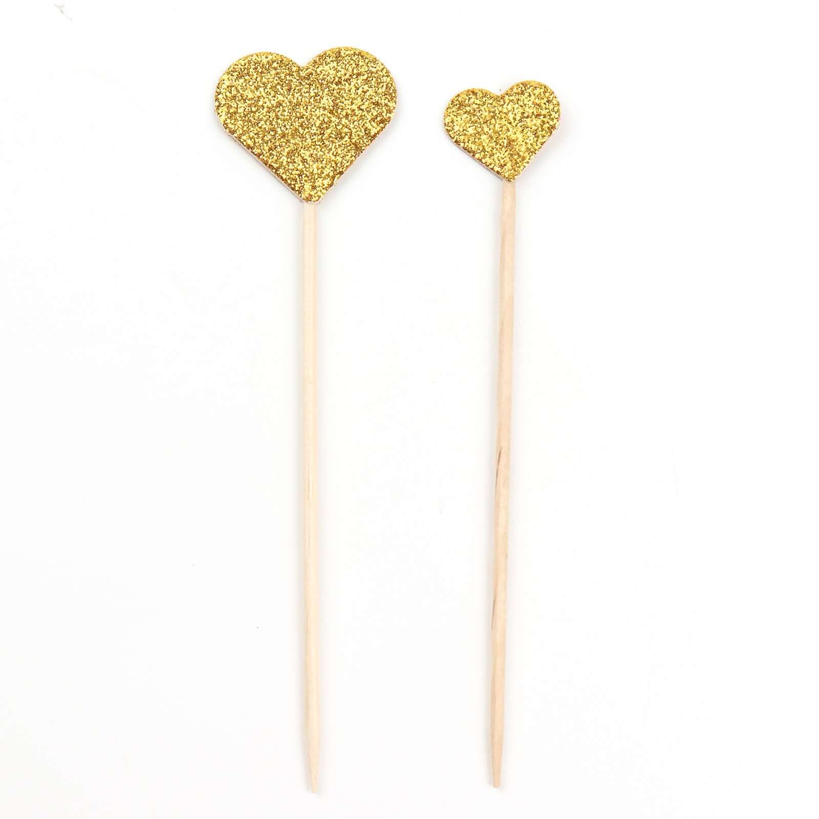 24 - Pack Cupcake Topper Picks Heart Shaped Design Glitter Gold - Party Cake Toppers 4.5", 4" - Bell Racket Store