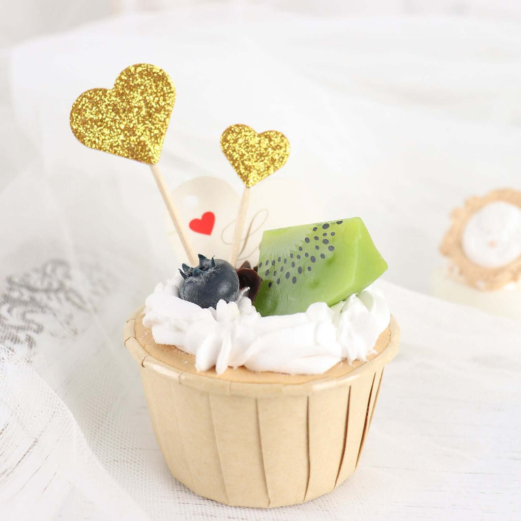 24 - Pack Cupcake Topper Picks Heart Shaped Design Glitter Gold - Party Cake Toppers 4.5", 4" - Bell Racket Store