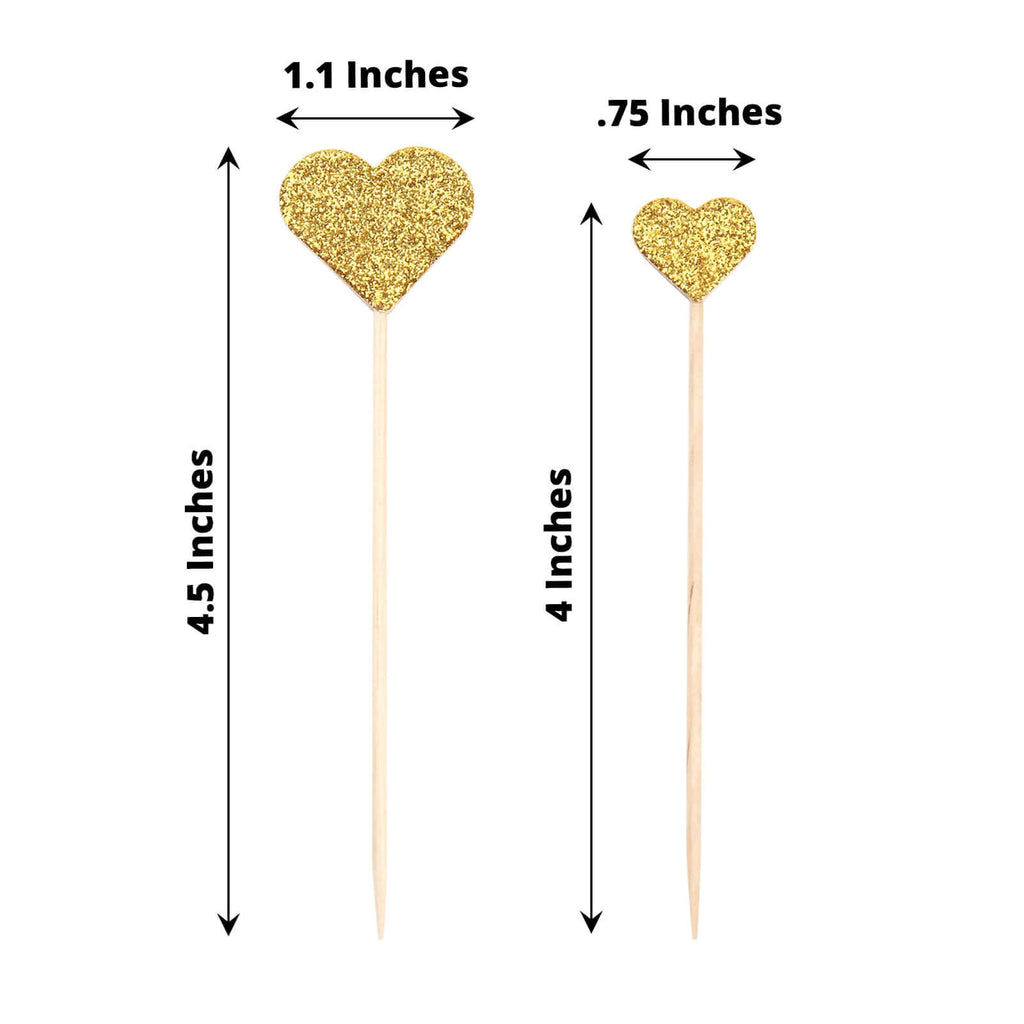 24 - Pack Cupcake Topper Picks Heart Shaped Design Glitter Gold - Party Cake Toppers 4.5", 4" - Bell Racket Store