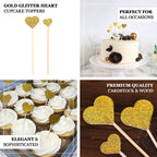 24 - Pack Cupcake Topper Picks Heart Shaped Design Glitter Gold - Party Cake Toppers 4.5", 4" - Bell Racket Store