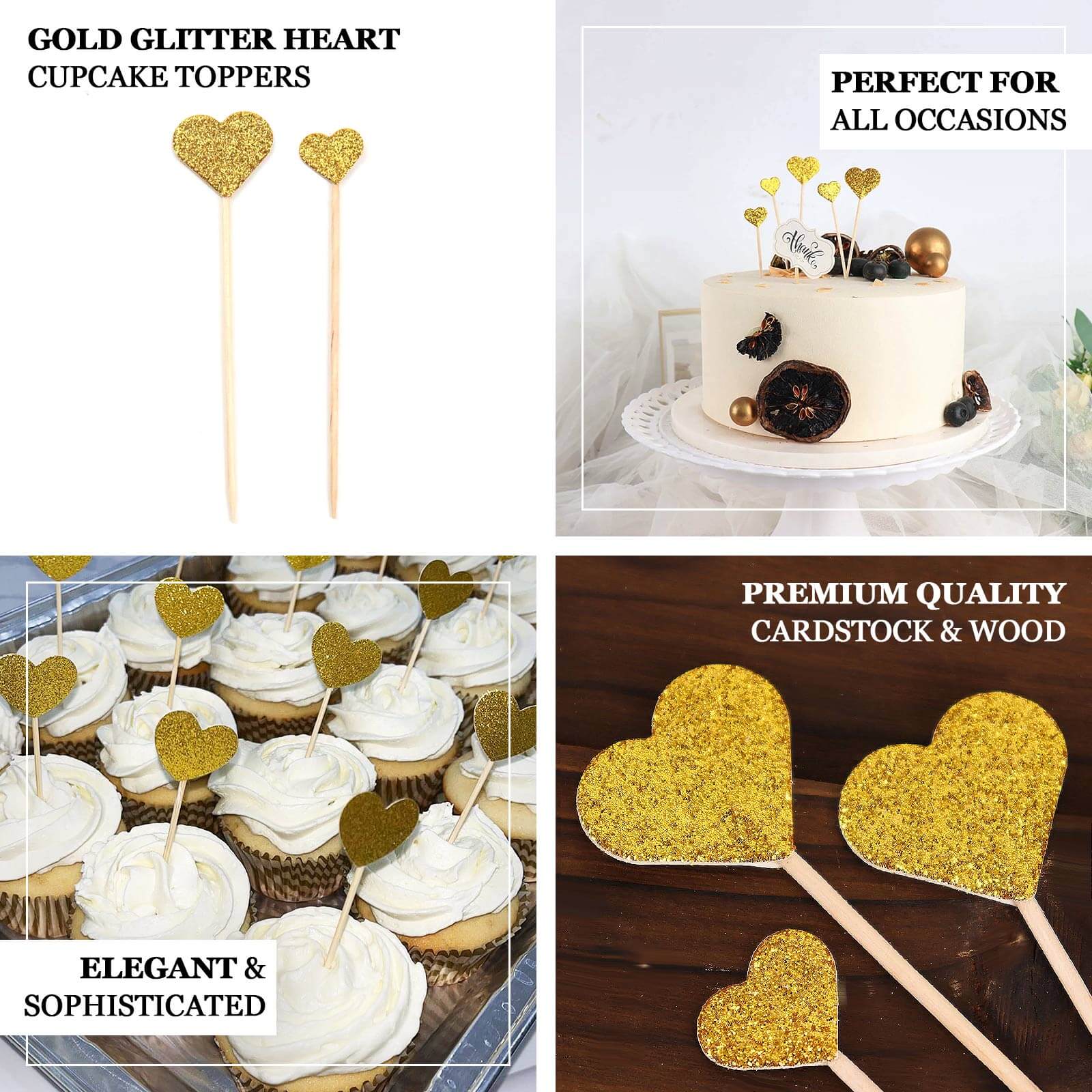 24 - Pack Cupcake Topper Picks Heart Shaped Design Glitter Gold - Party Cake Toppers 4.5", 4" - Bell Racket Store