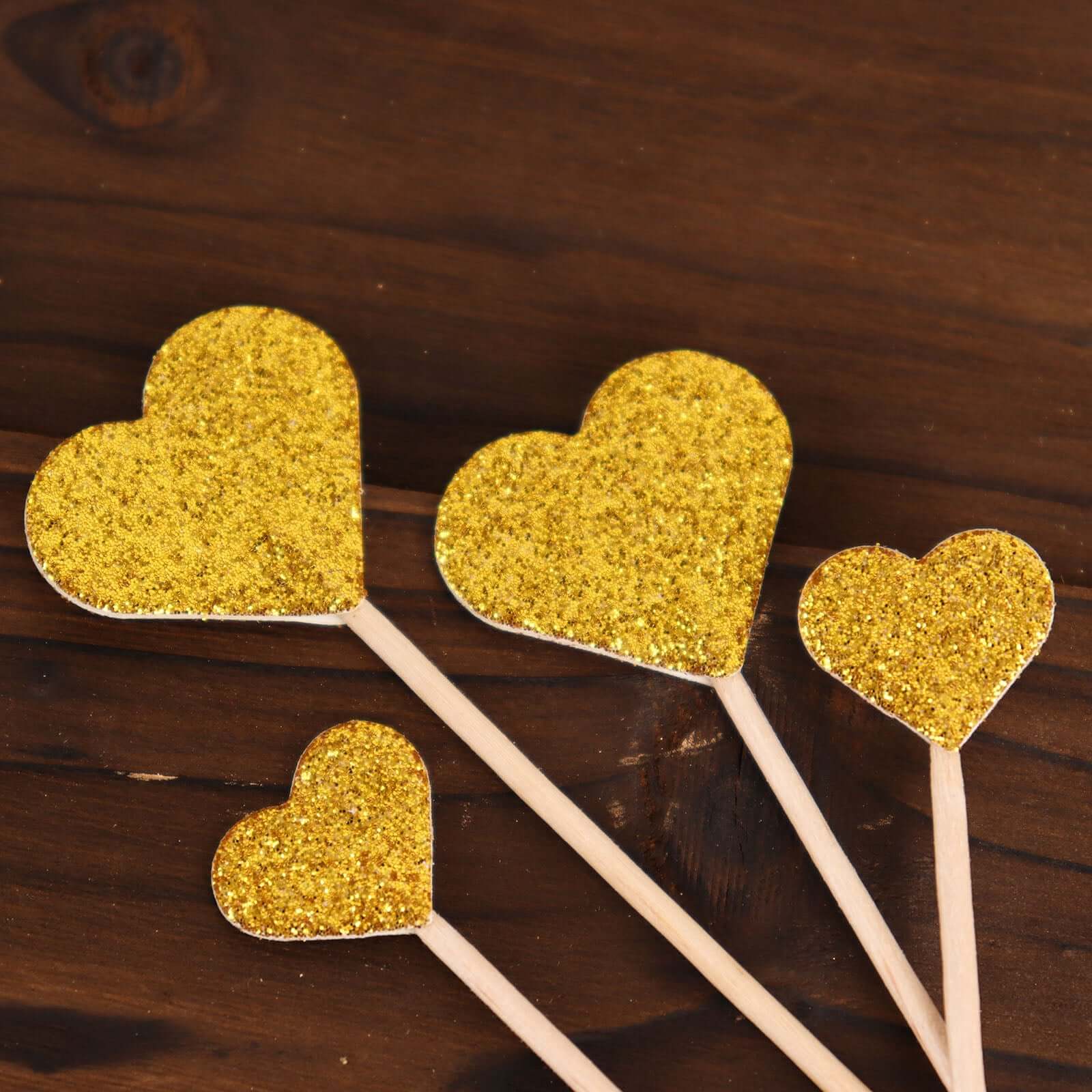 24 - Pack Cupcake Topper Picks Heart Shaped Design Glitter Gold - Party Cake Toppers 4.5", 4" - Bell Racket Store