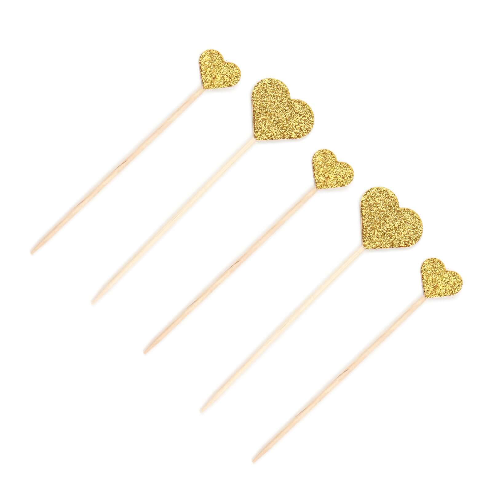 24 - Pack Cupcake Topper Picks Heart Shaped Design Glitter Gold - Party Cake Toppers 4.5", 4" - Bell Racket Store