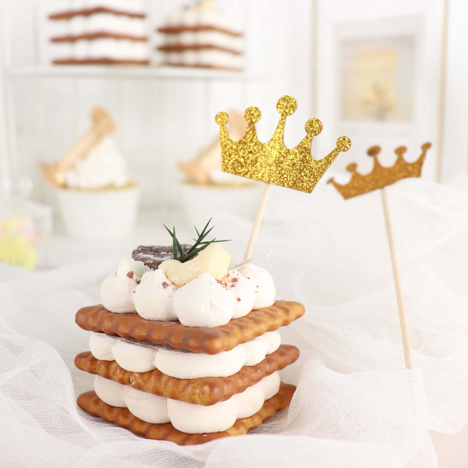 24 - Pack Cupcake Topper Picks Royal Crown Design Glitter Gold - Party Cake Toppers 5" - Bell Racket Store