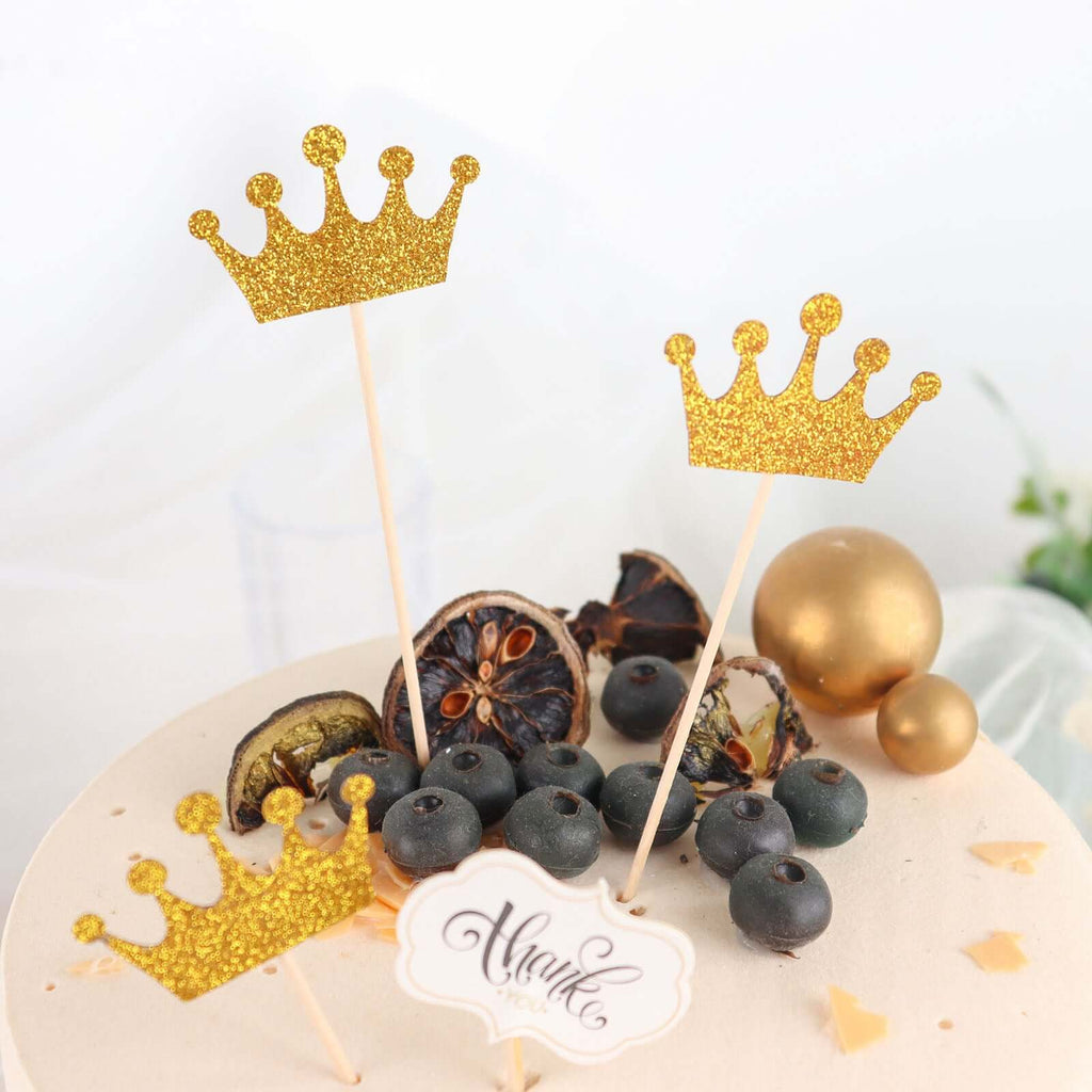 24 - Pack Cupcake Topper Picks Royal Crown Design Glitter Gold - Party Cake Toppers 5" - Bell Racket Store