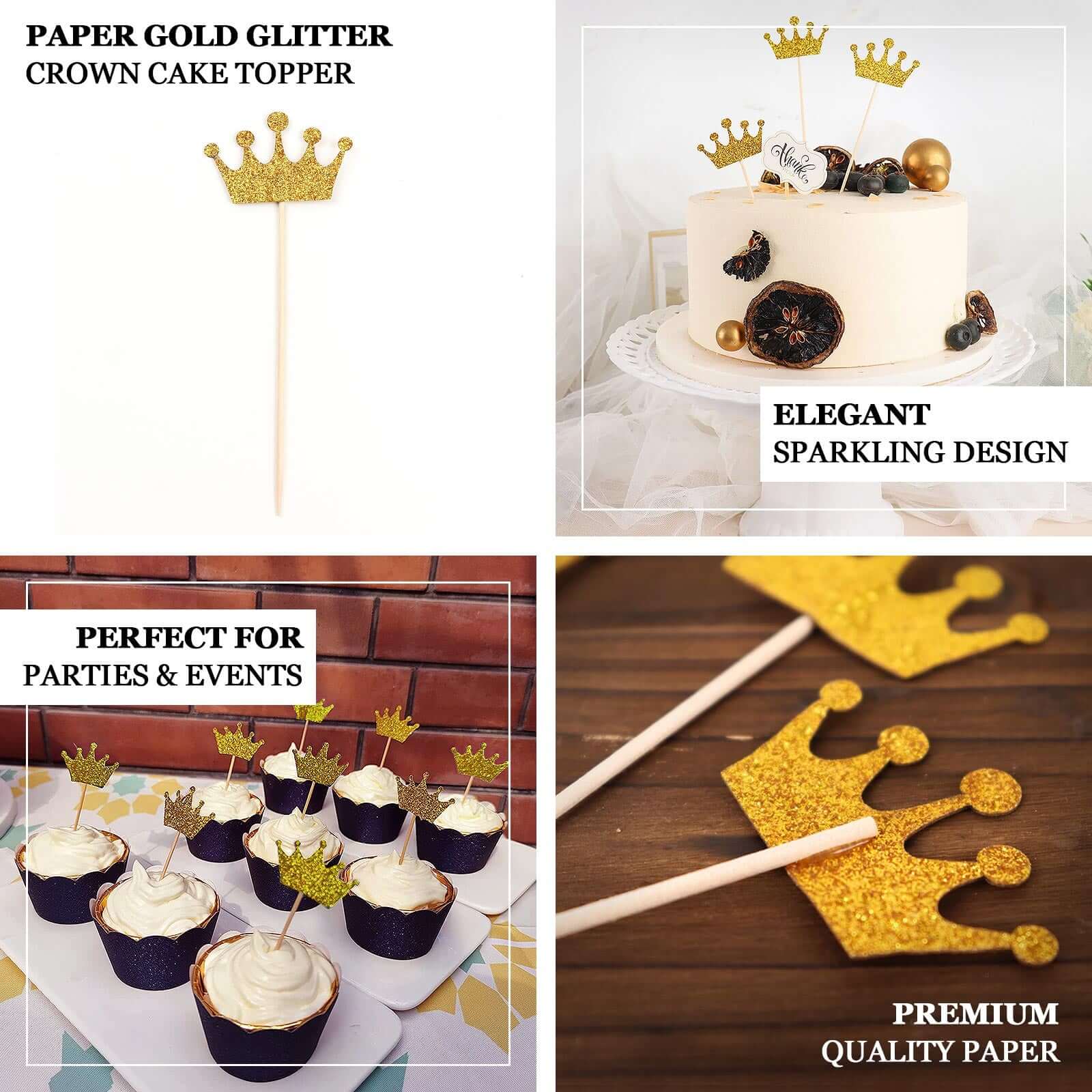 24 - Pack Cupcake Topper Picks Royal Crown Design Glitter Gold - Party Cake Toppers 5" - Bell Racket Store