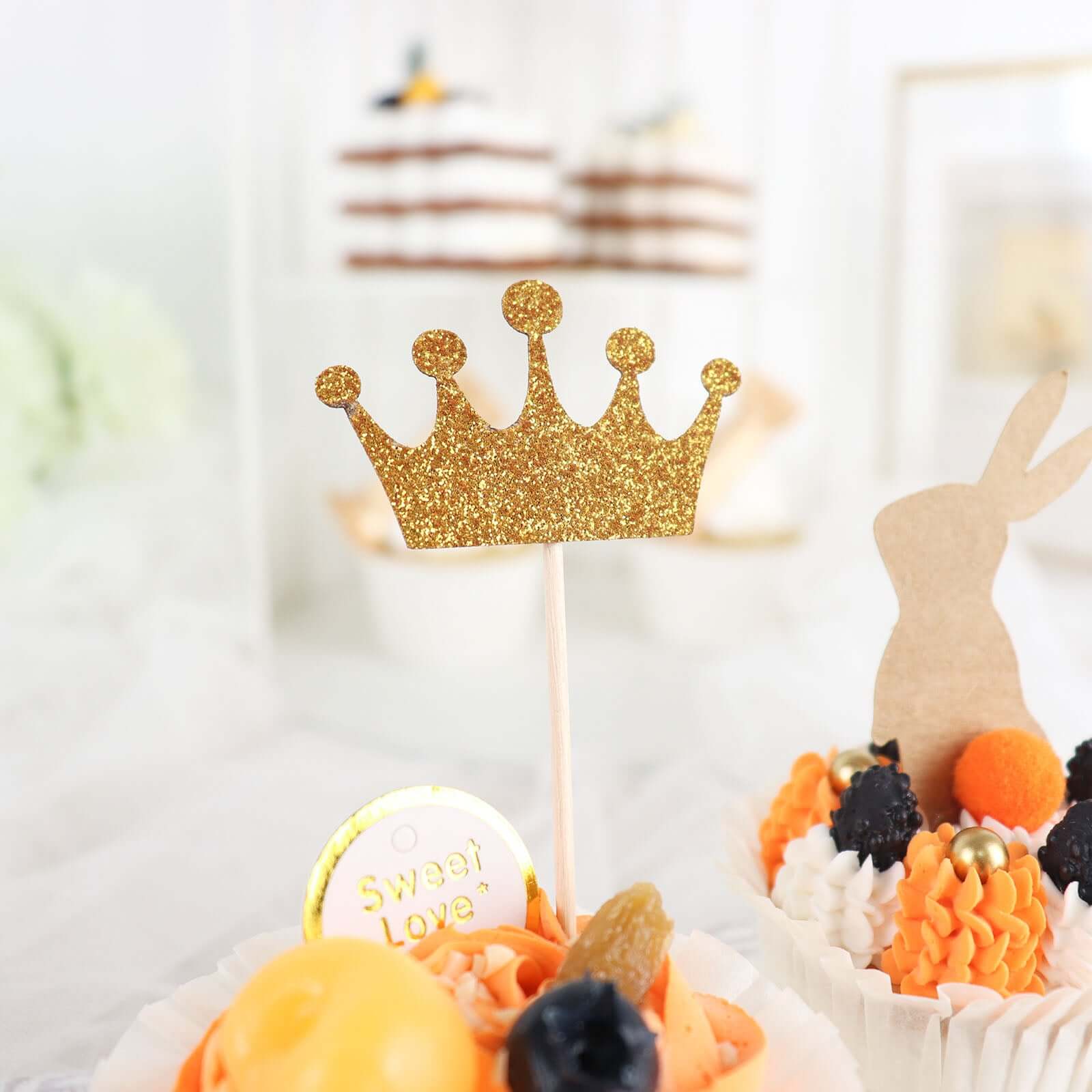 24 - Pack Cupcake Topper Picks Royal Crown Design Glitter Gold - Party Cake Toppers 5" - Bell Racket Store