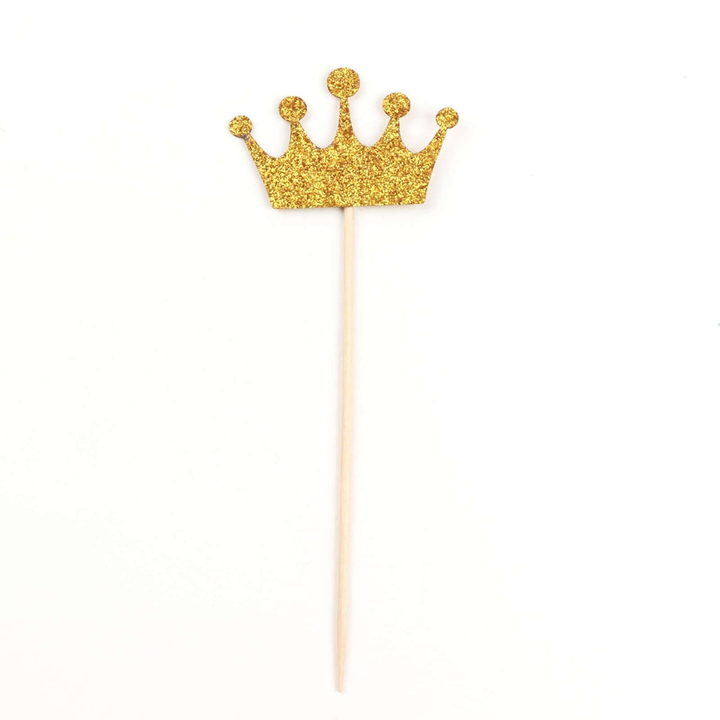24 - Pack Cupcake Topper Picks Royal Crown Design Glitter Gold - Party Cake Toppers 5" - Bell Racket Store