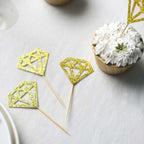 24 - Pack Cupcake Toppers Diamond Ring Design Glitter Gold - Party Cake Picks Engagement Decoration Supplies - Bell Racket Store