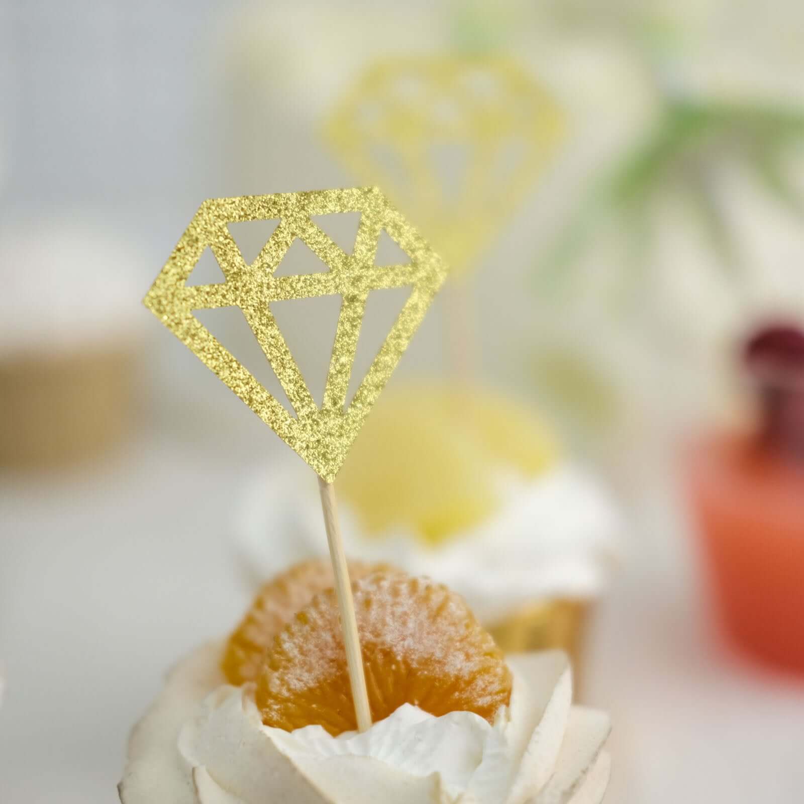 24 - Pack Cupcake Toppers Diamond Ring Design Glitter Gold - Party Cake Picks Engagement Decoration Supplies - Bell Racket Store