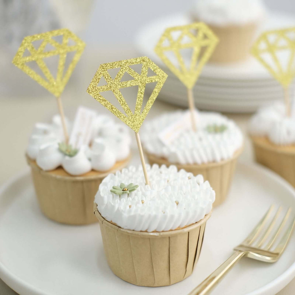 24 - Pack Cupcake Toppers Diamond Ring Design Glitter Gold - Party Cake Picks Engagement Decoration Supplies - Bell Racket Store