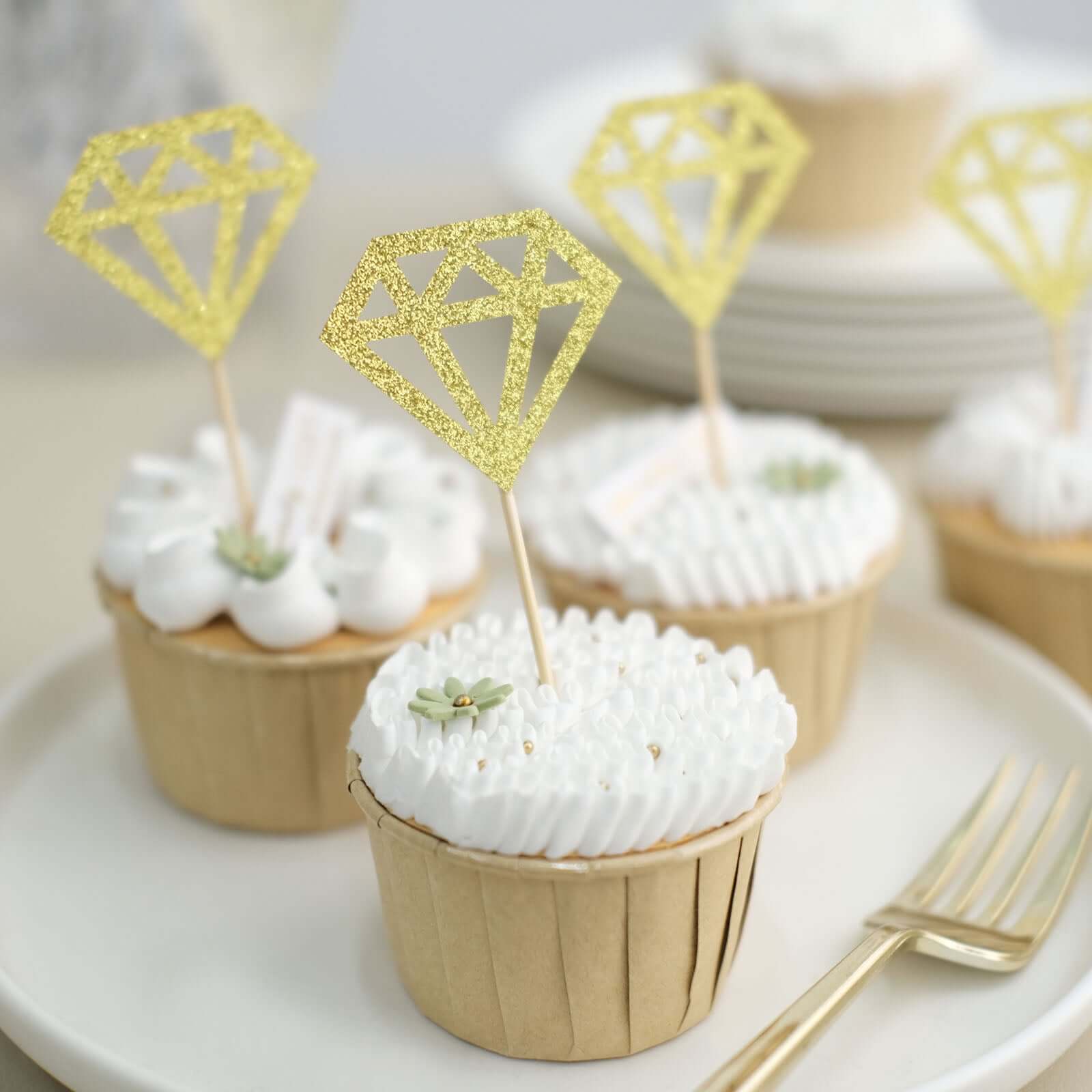 24 - Pack Cupcake Toppers Diamond Ring Design Glitter Gold - Party Cake Picks Engagement Decoration Supplies - Bell Racket Store